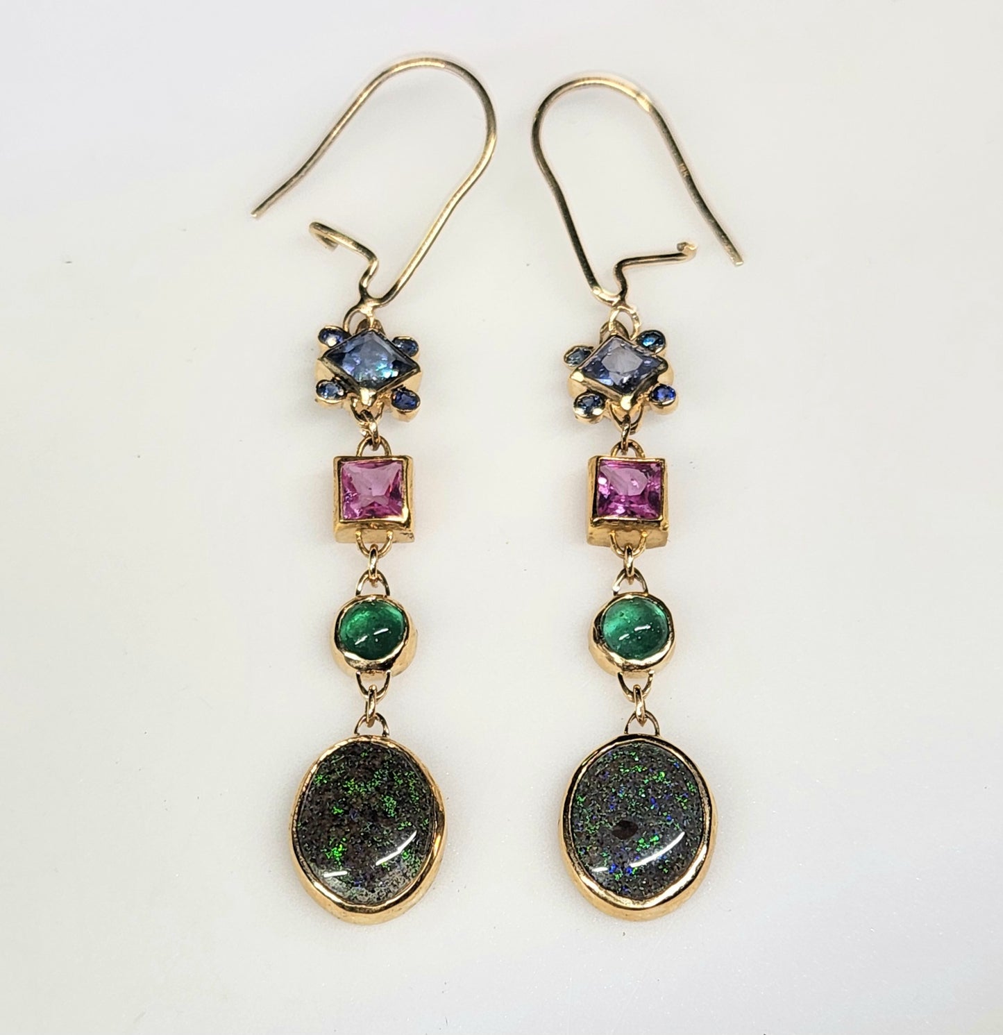 Black Opal & Sapphire Earrings 14k Gold #451