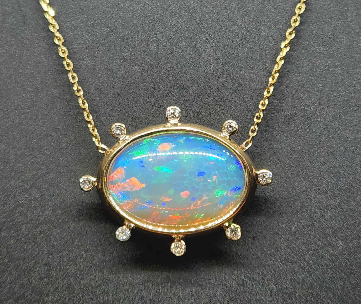 Opal & Diamond Pendant 14k Yellow Gold Split Chain Necklace #437