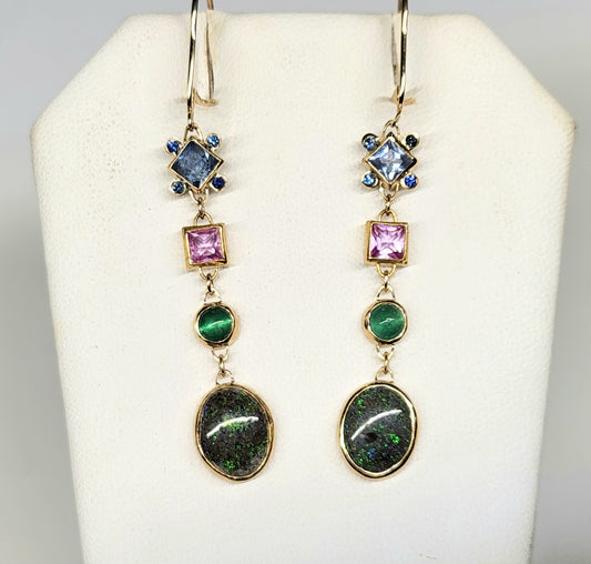 Black Opal & Sapphire Earrings 14k Gold #451