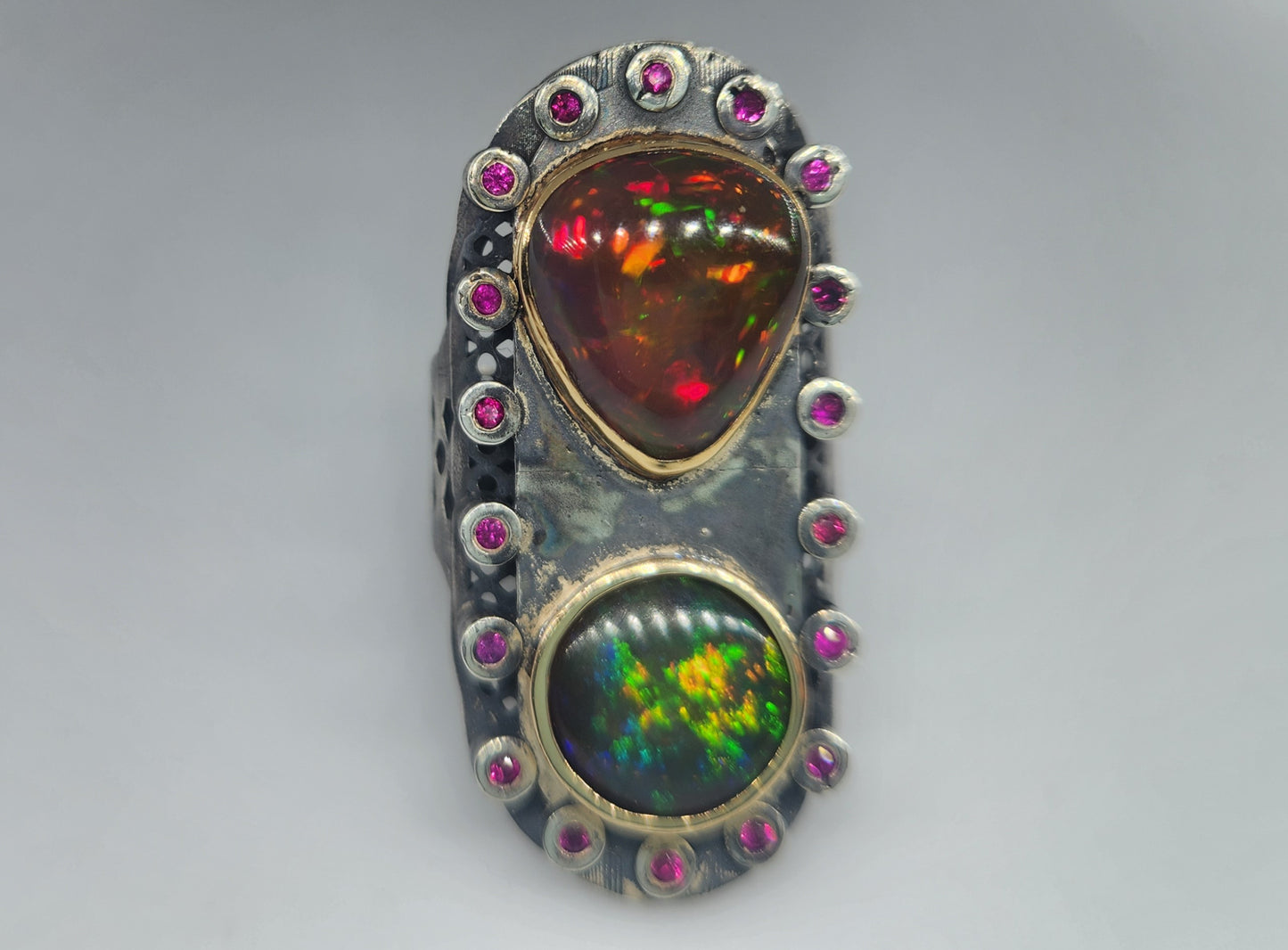 Black Opal & Ruby Rustic Sterling Silver & Gold Ring #523