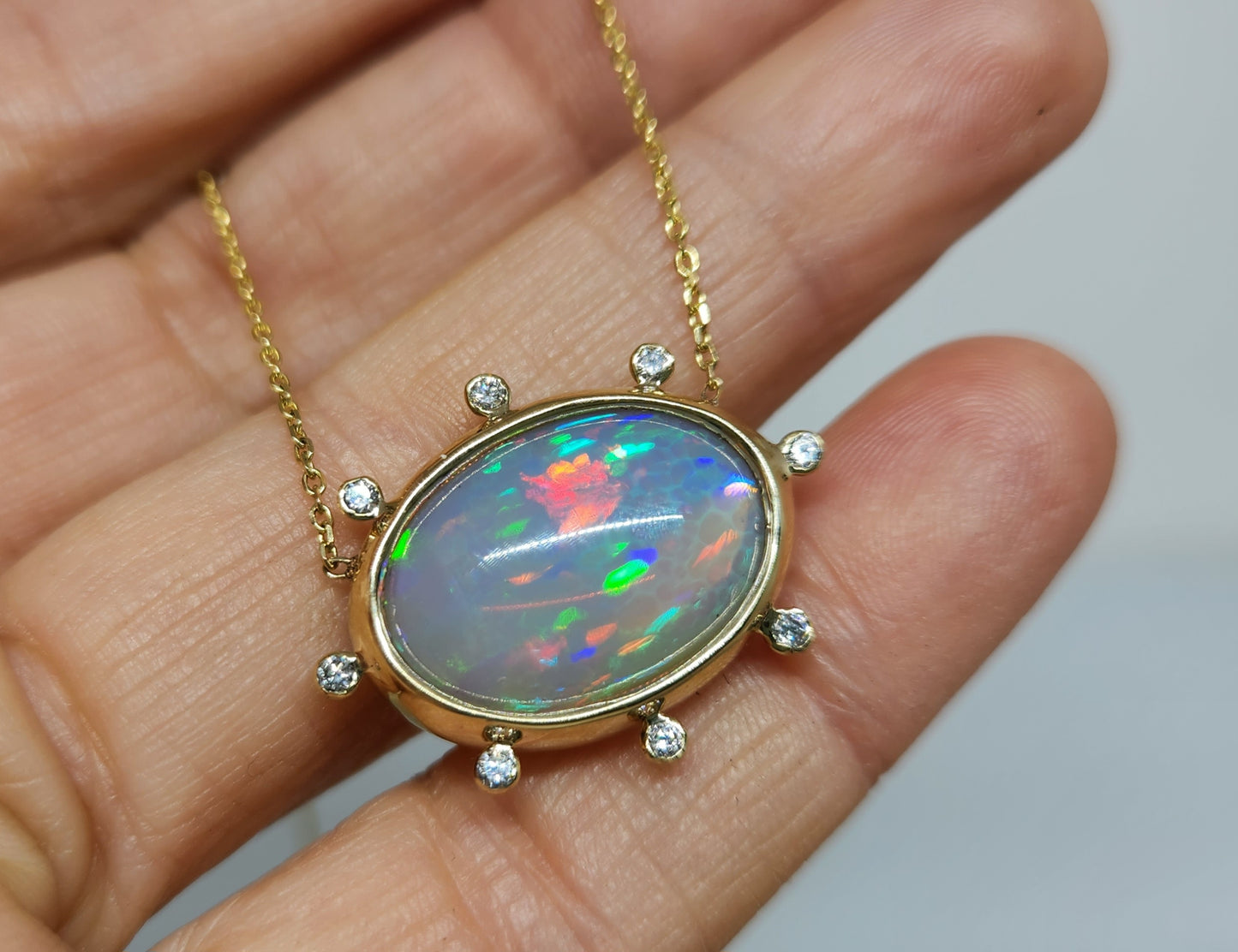 Opal & Diamond Pendant 14k Yellow Gold Split Chain Necklace #437
