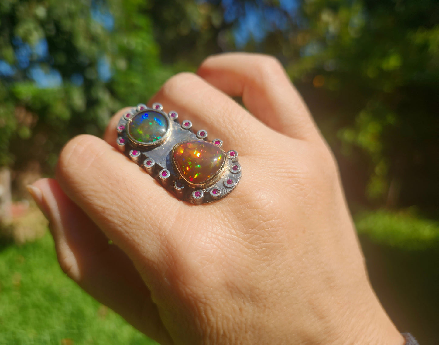 Black Opal & Ruby Rustic Sterling Silver & Gold Ring #523