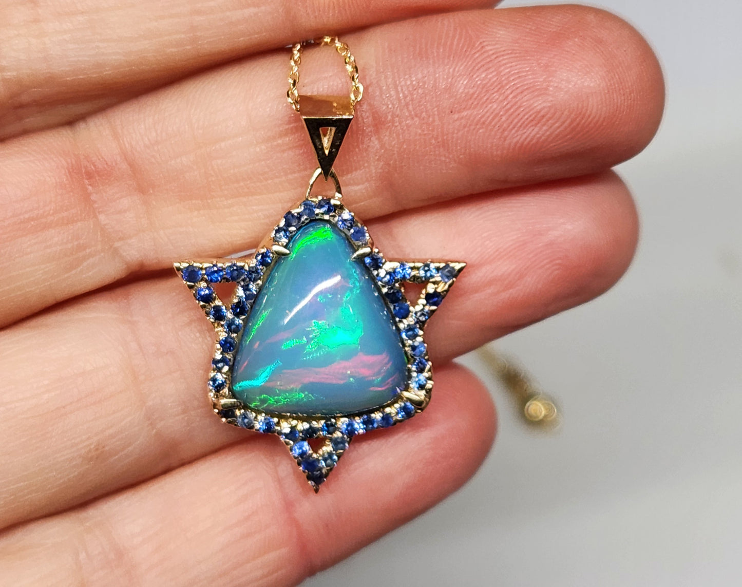 Opal & Sapphire Star of David Pendant 14k Gold #450