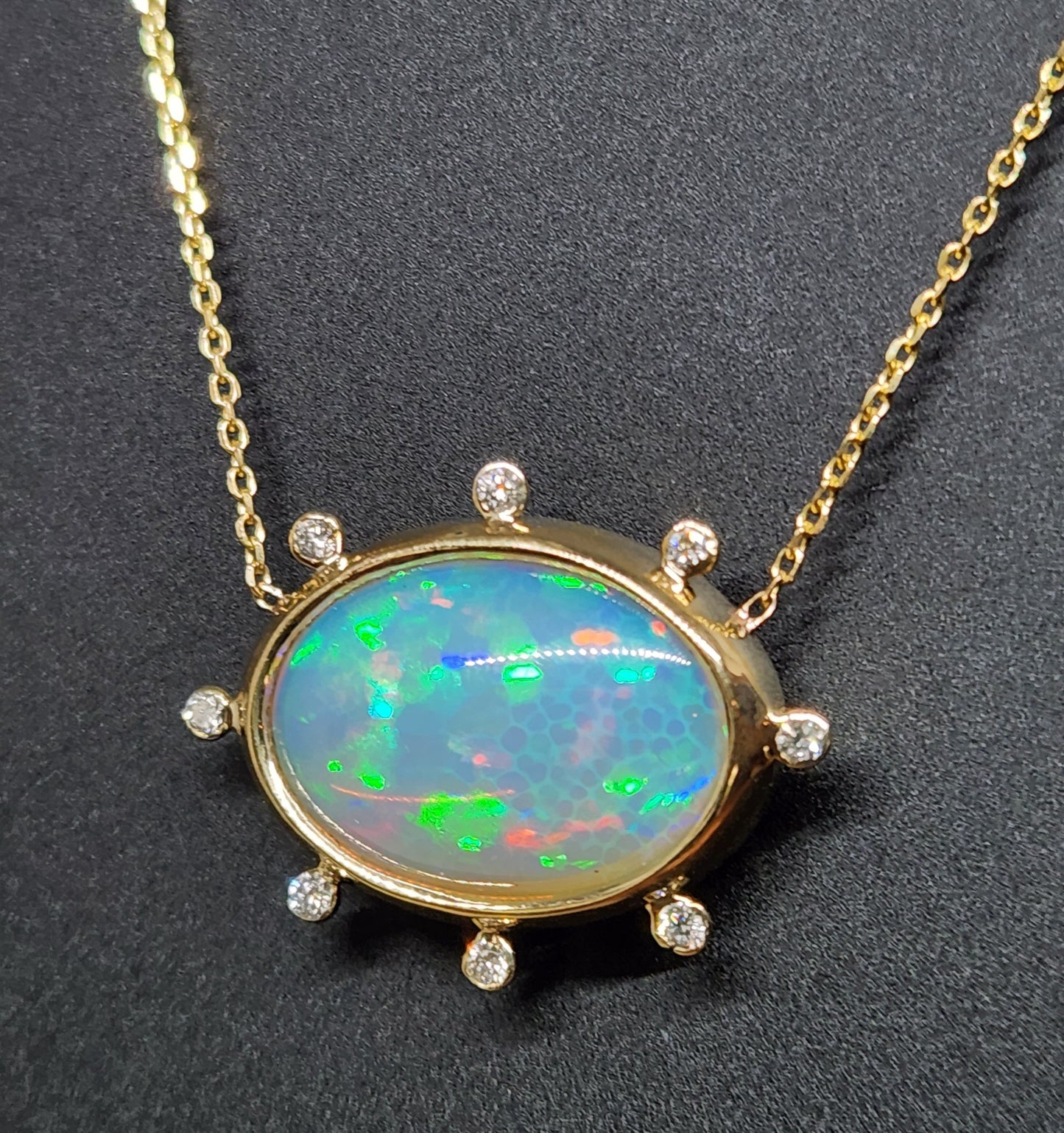 Opal & Diamond Pendant 14k Yellow Gold Split Chain Necklace #437