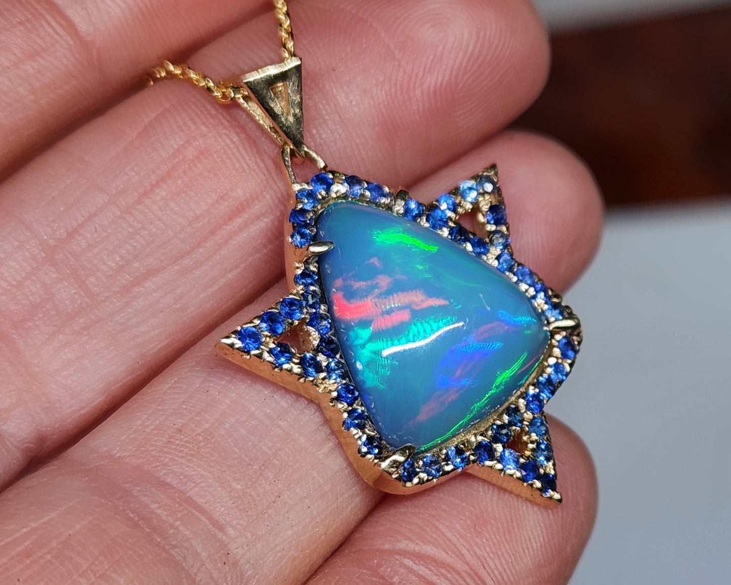 Opal & Sapphire Star of David Pendant 14k Gold #450