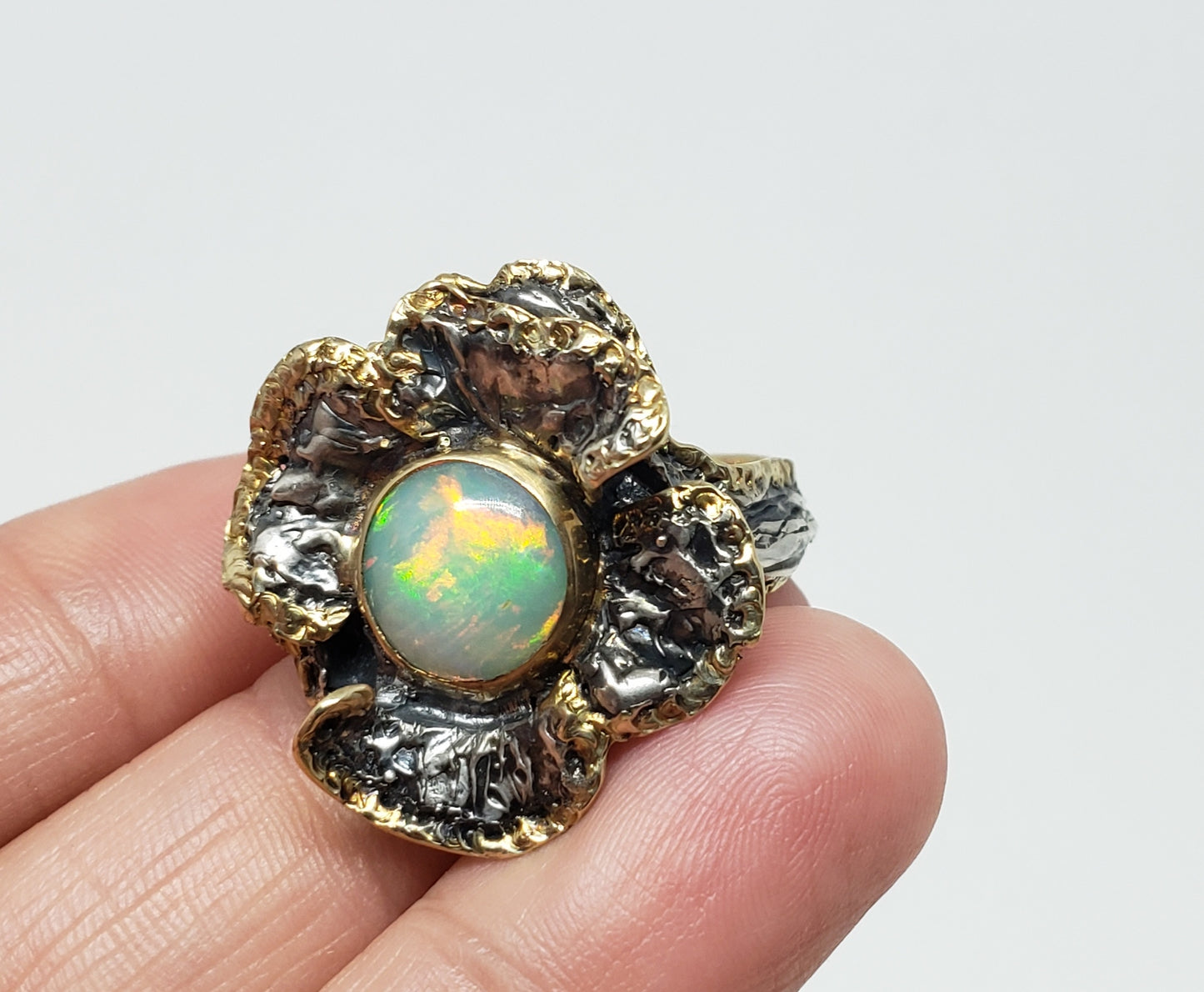 Opal Flower Ring Sterling Silver & 14k Gold