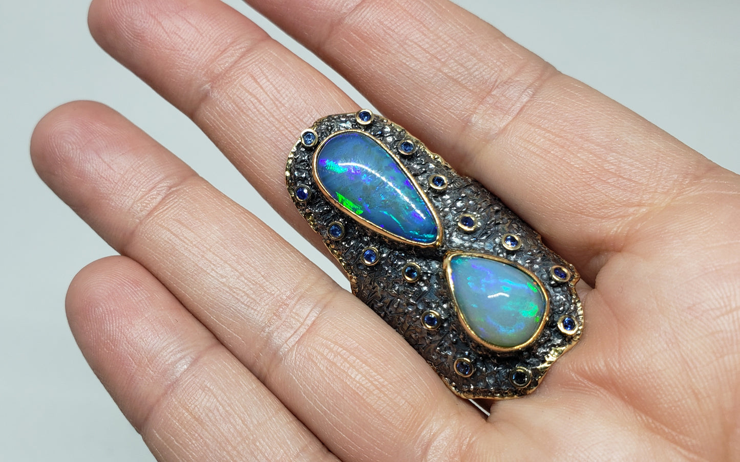 Opals & Sapphire Ring Sterling Silver & Gold