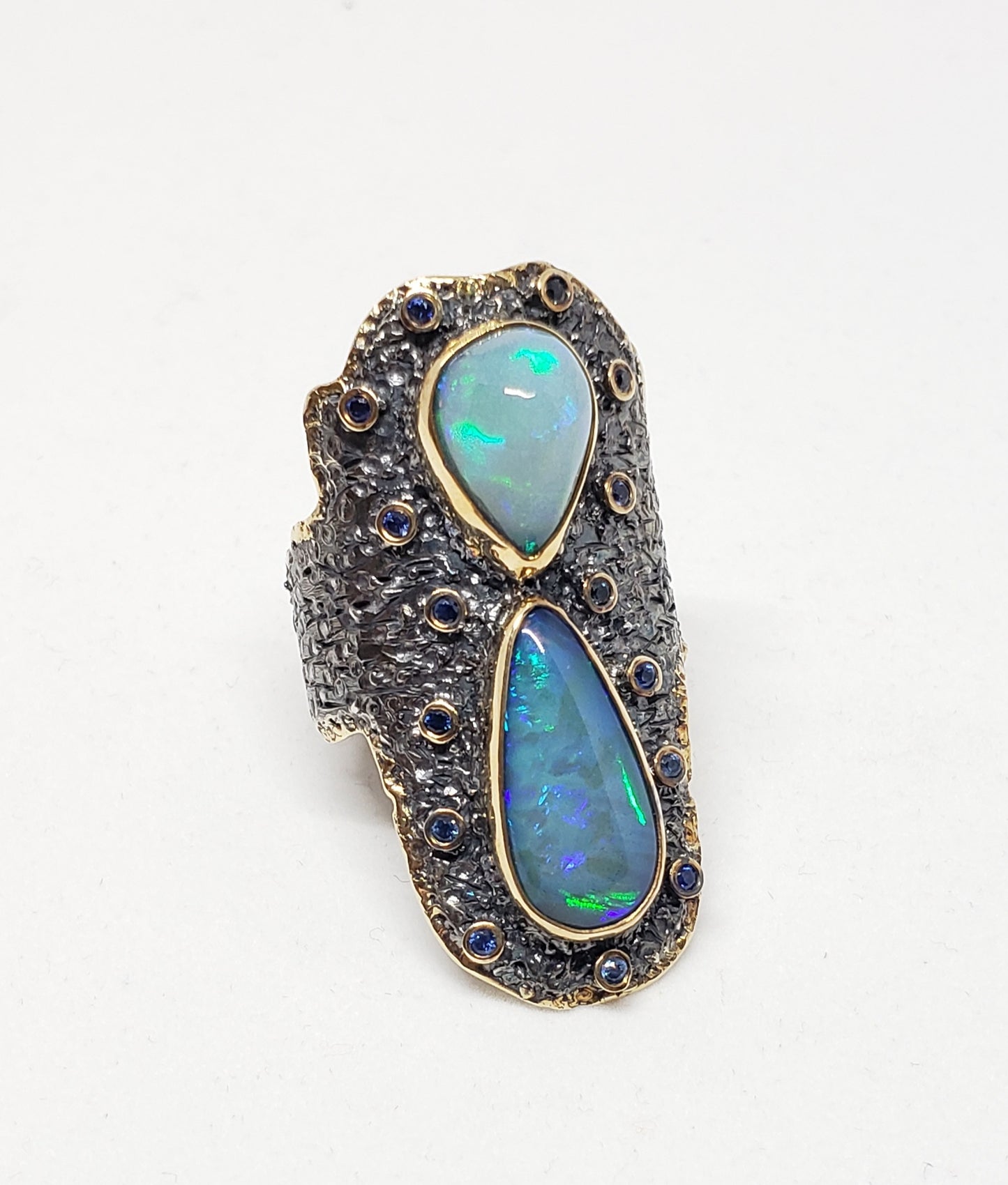 Opals & Sapphire Ring Sterling Silver & Gold