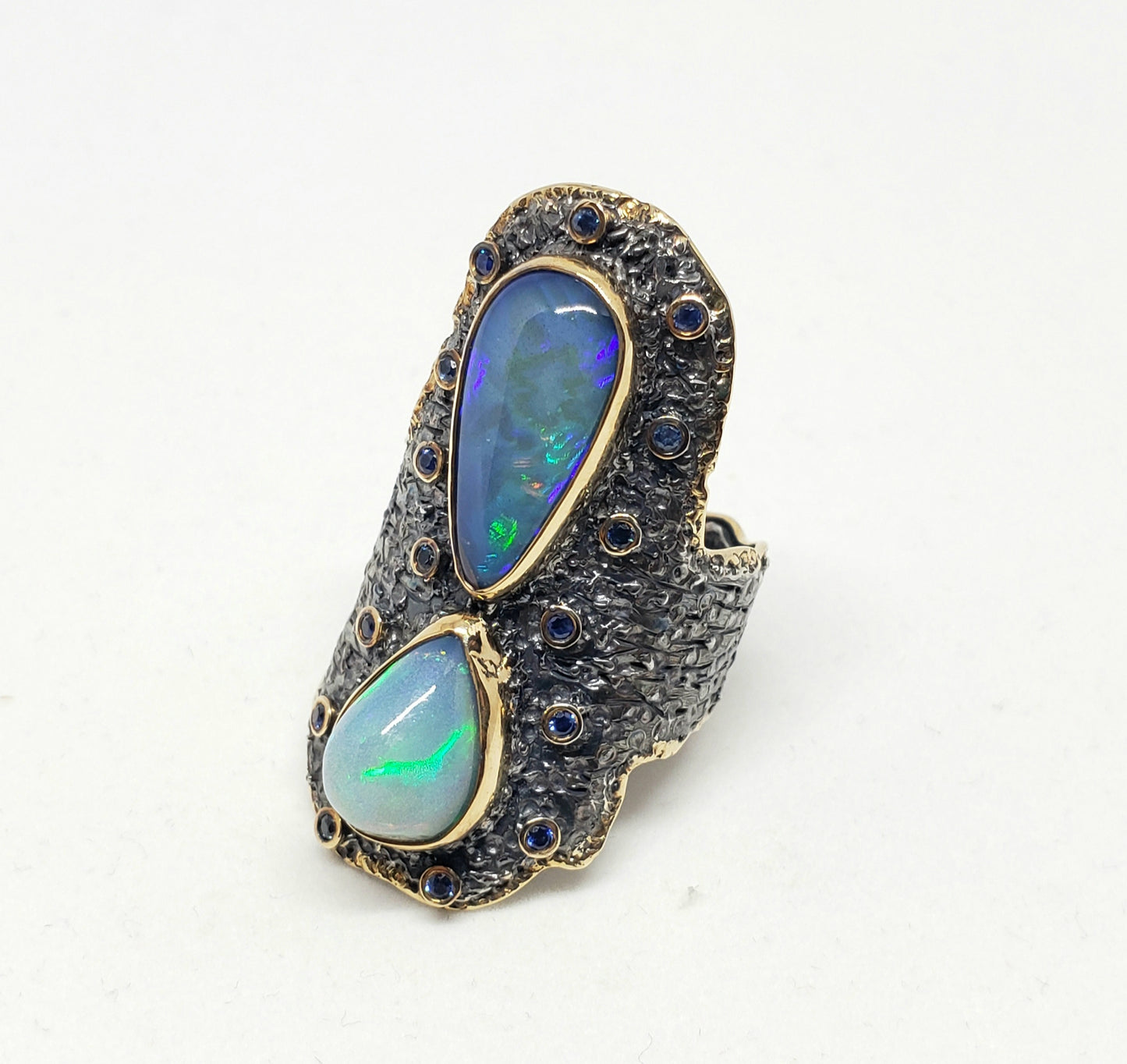 Opals & Sapphire Ring Sterling Silver & Gold