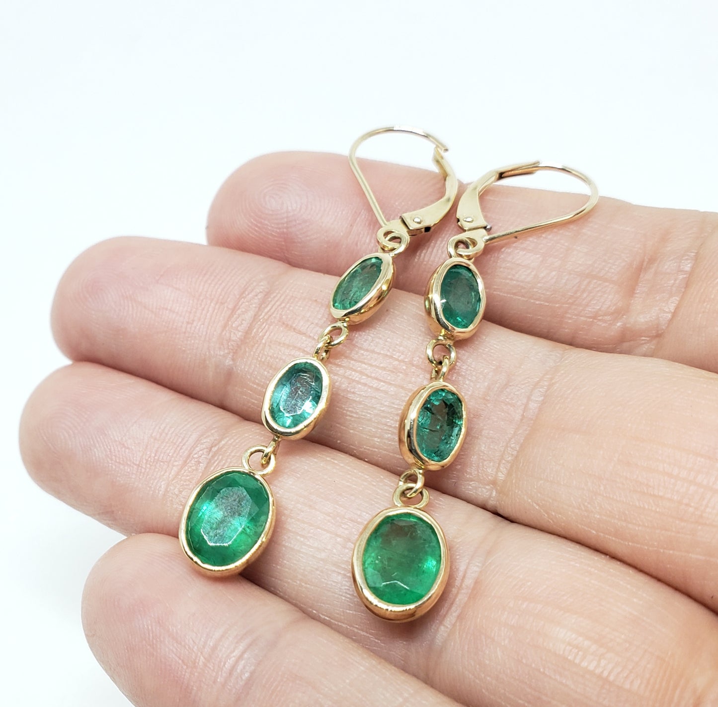 Emerald 3 Drop Earrings 14k Gold