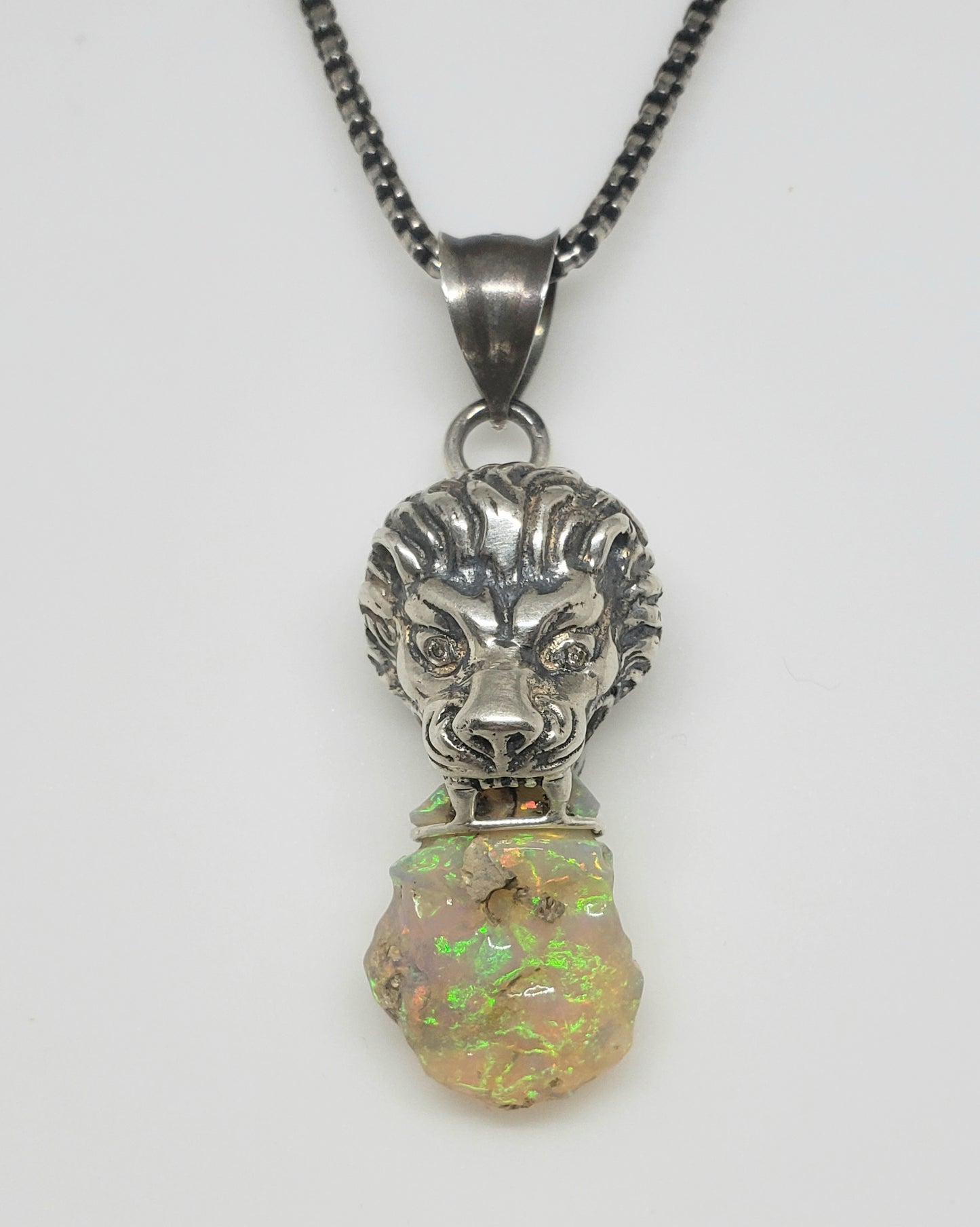 Lion Pendant Carved Opal Sterling Silver Necklace