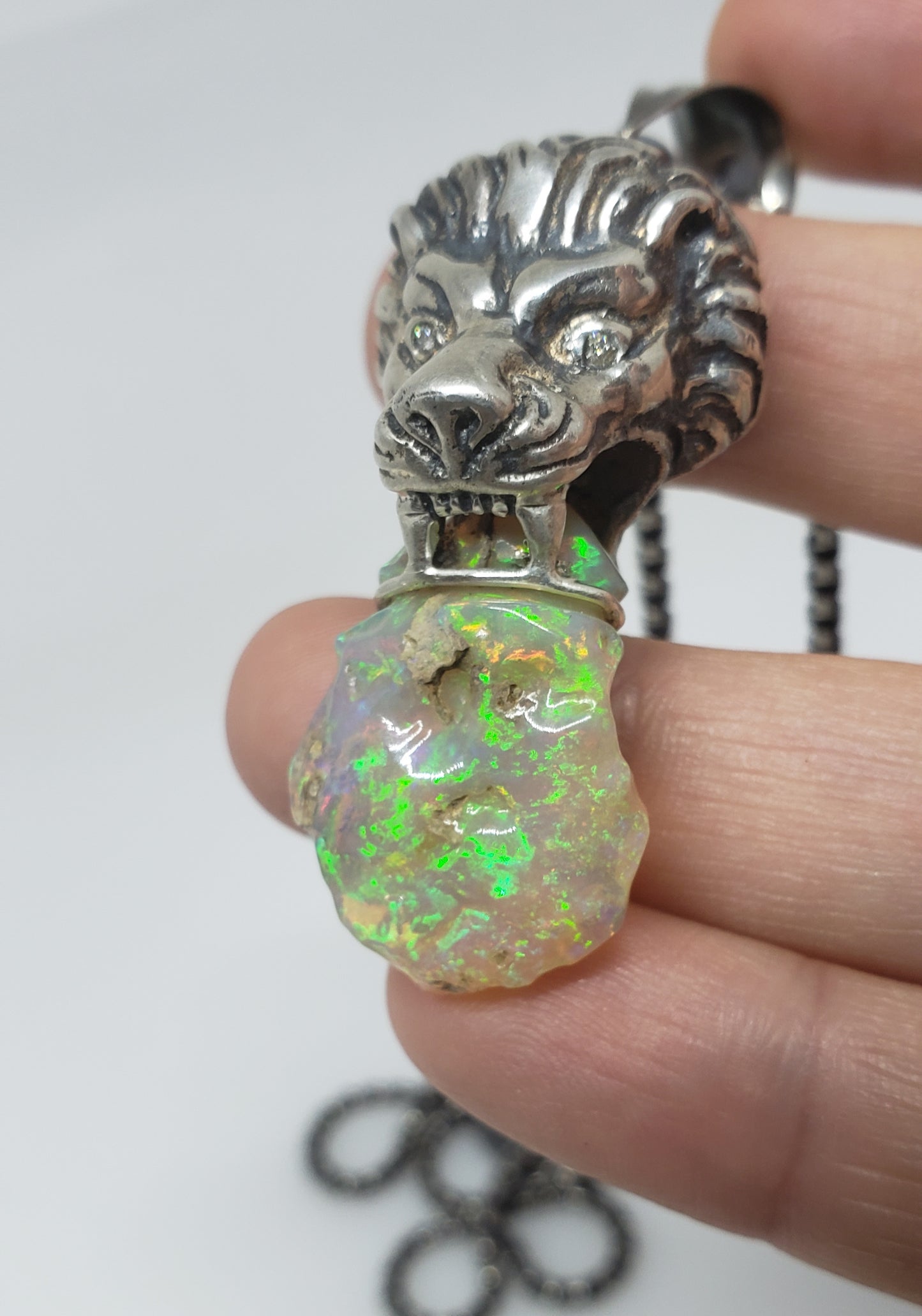 Lion Pendant Carved Opal Sterling Silver Necklace