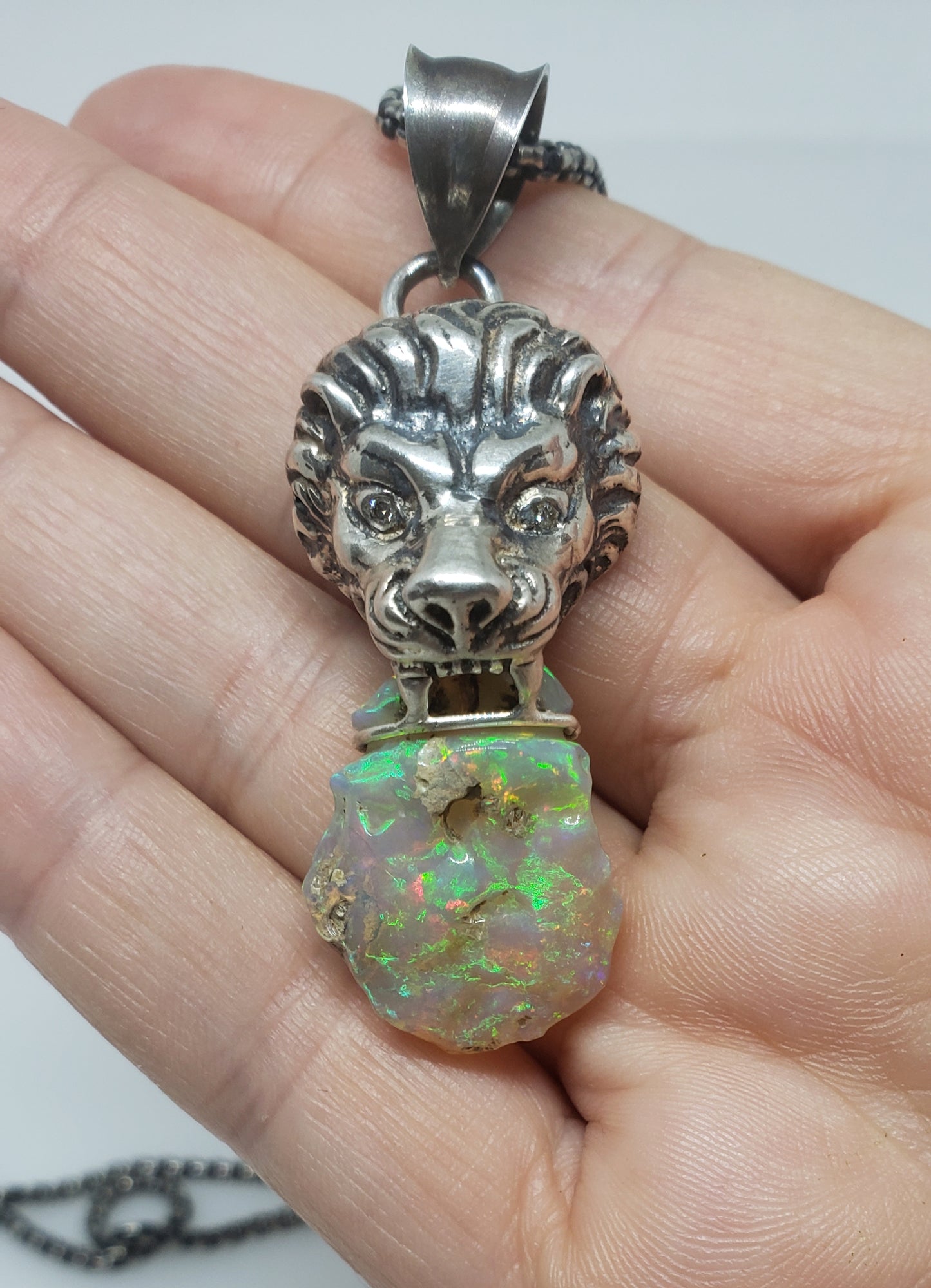 Lion Pendant Carved Opal Sterling Silver Necklace