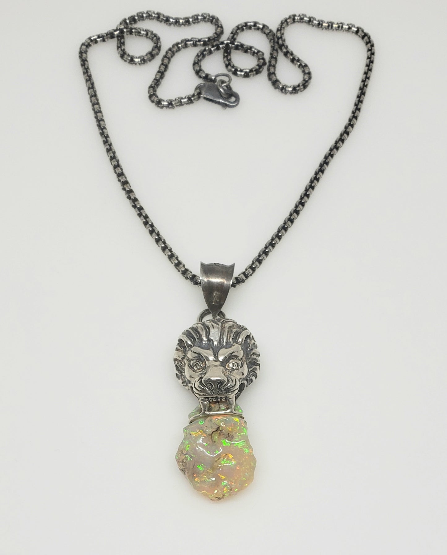 Lion Pendant Carved Opal Sterling Silver Necklace