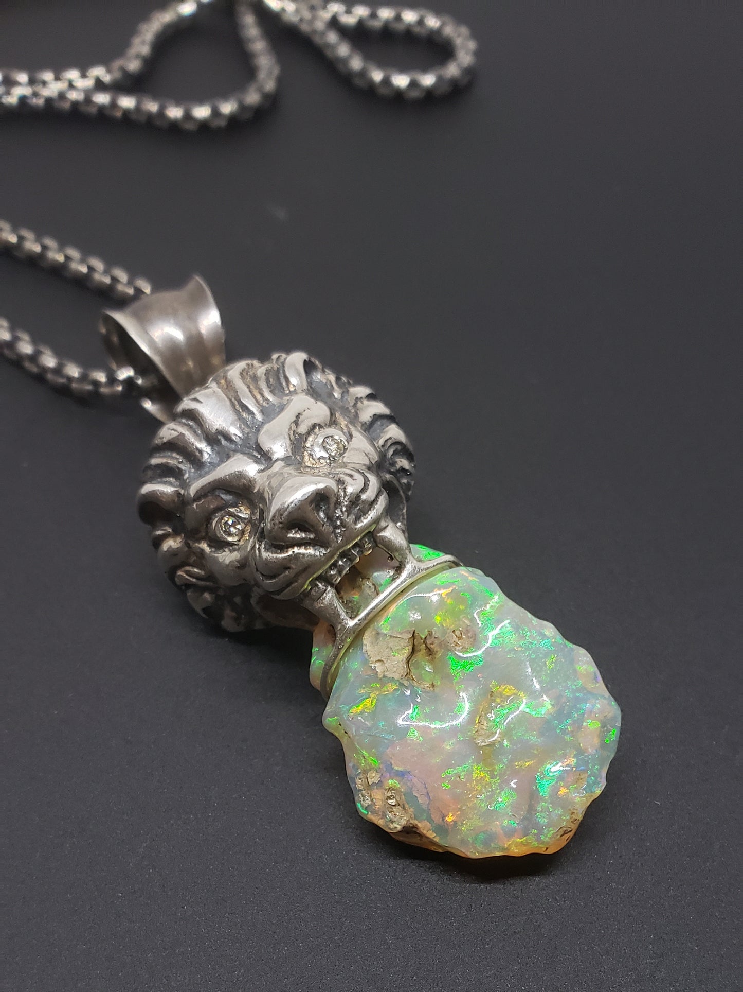 Lion Pendant Carved Opal Sterling Silver Necklace