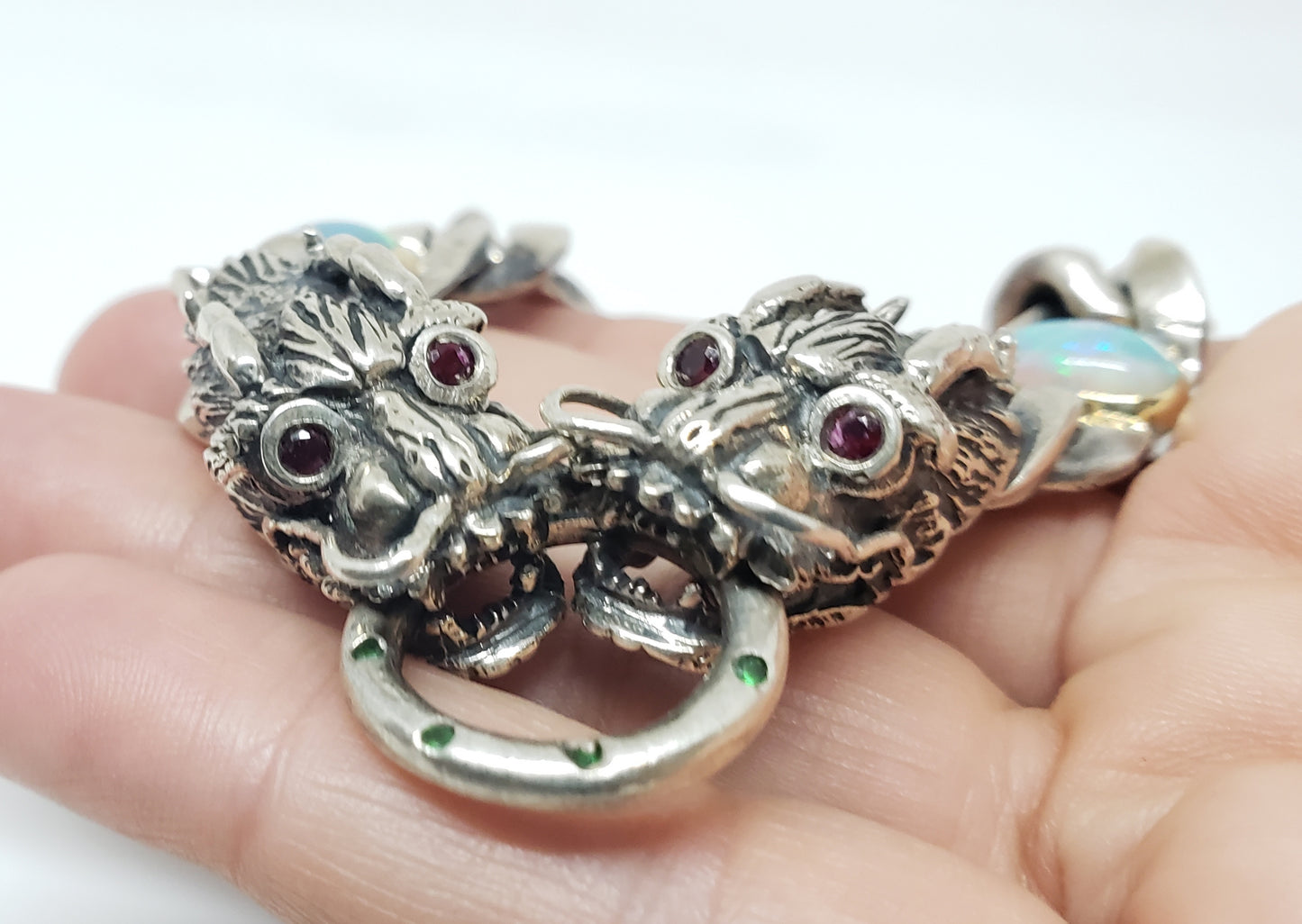 Dragon Bracelet Opals & Ruby Gemstones Silver & Gold
