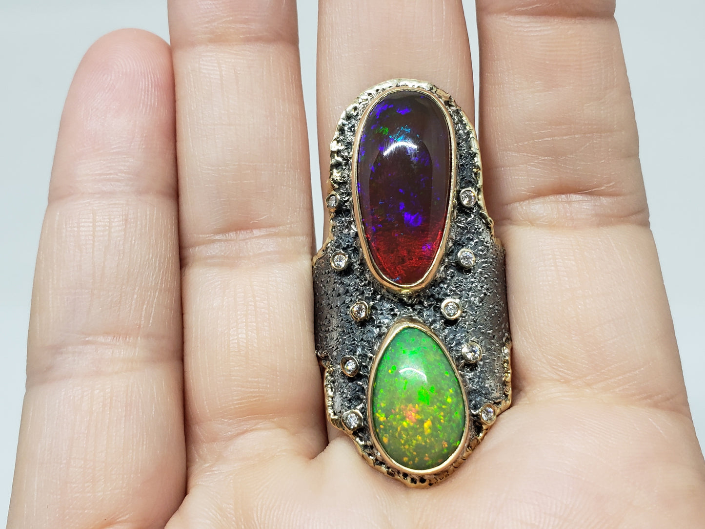 Fire pal & Diamond Ring Silver & 14k Gold