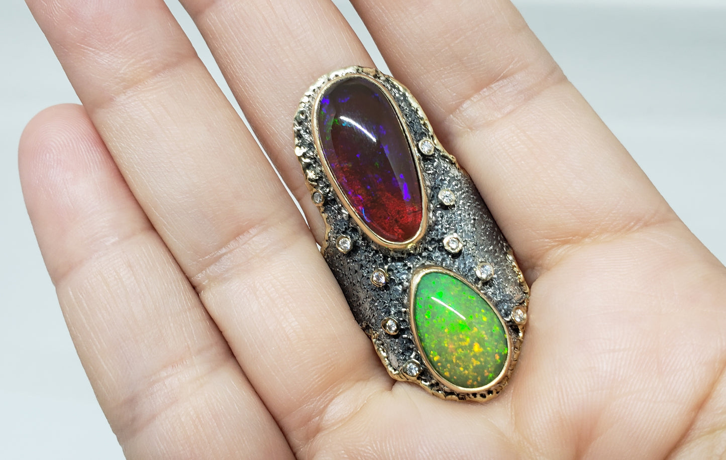 Fire pal & Diamond Ring Silver & 14k Gold