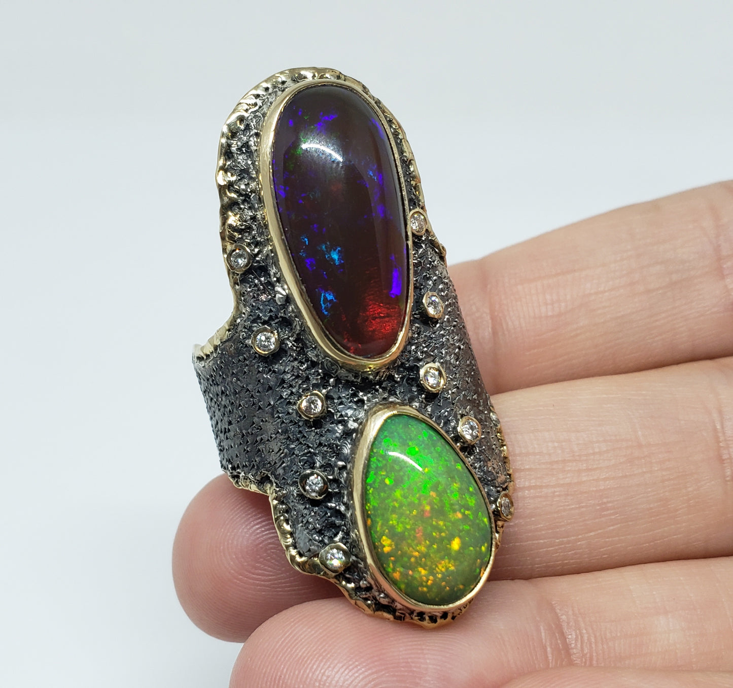 Fire pal & Diamond Ring Silver & 14k Gold