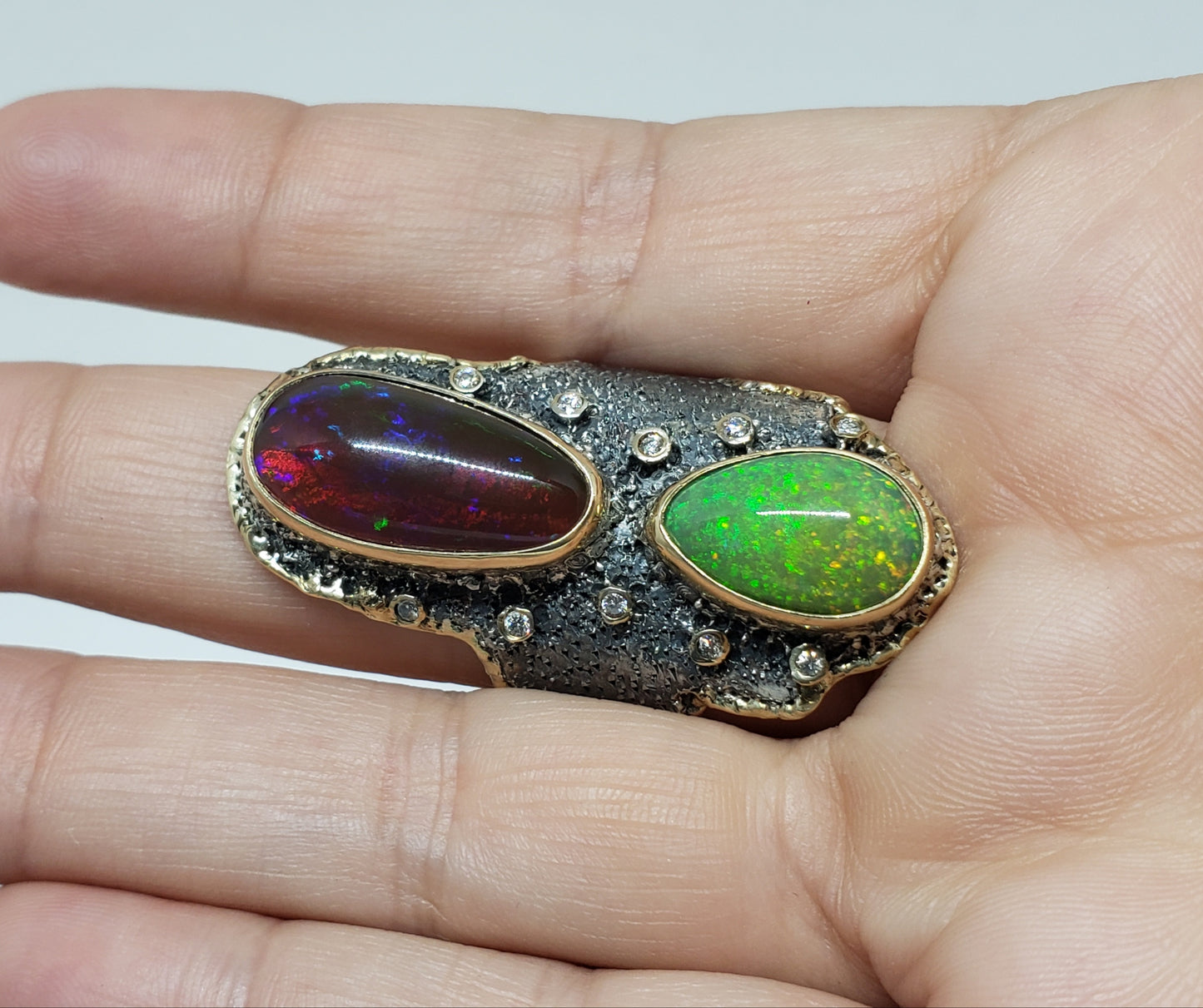 Fire pal & Diamond Ring Silver & 14k Gold