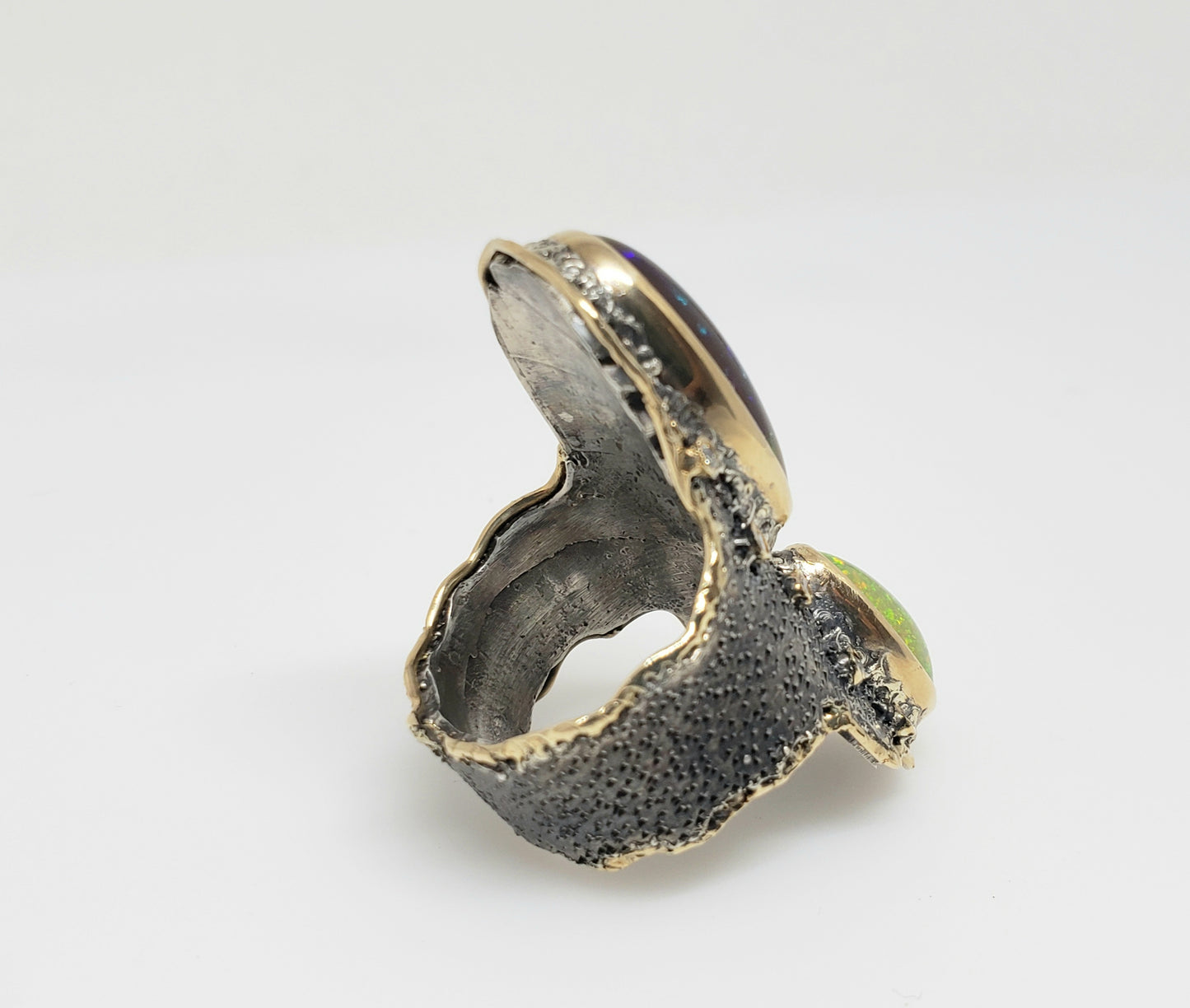 Fire pal & Diamond Ring Silver & 14k Gold