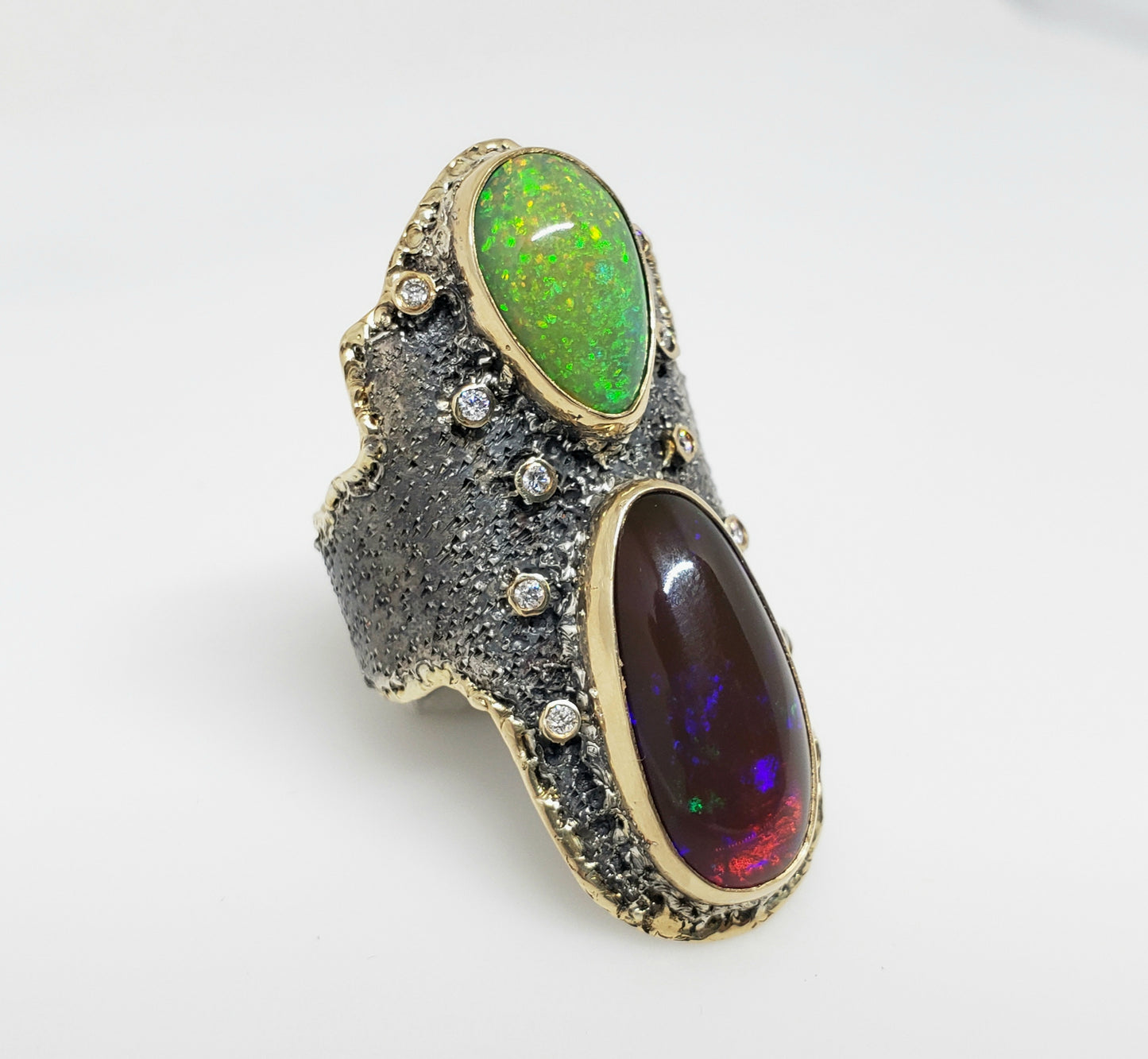 Fire pal & Diamond Ring Silver & 14k Gold