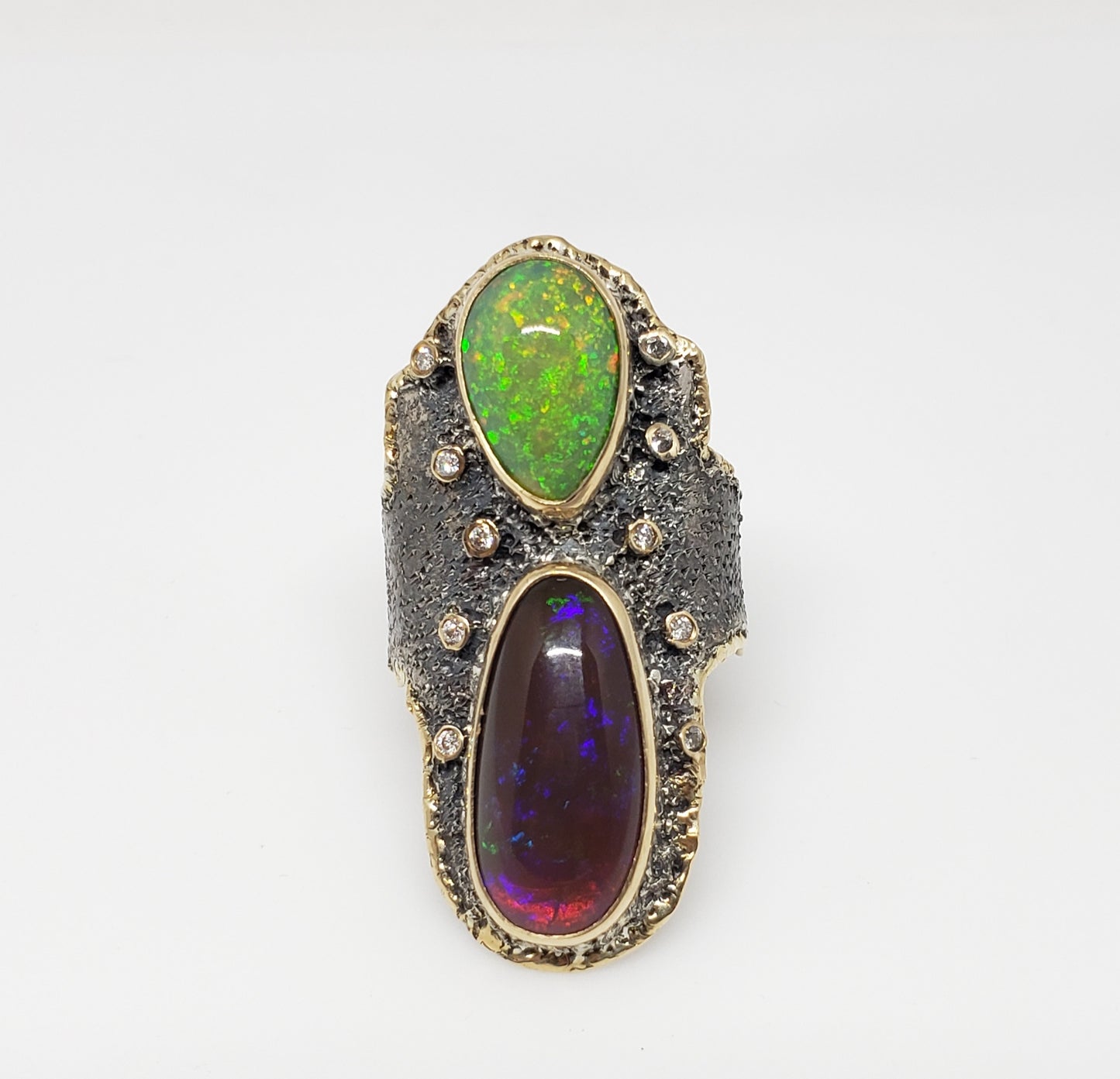 Fire pal & Diamond Ring Silver & 14k Gold