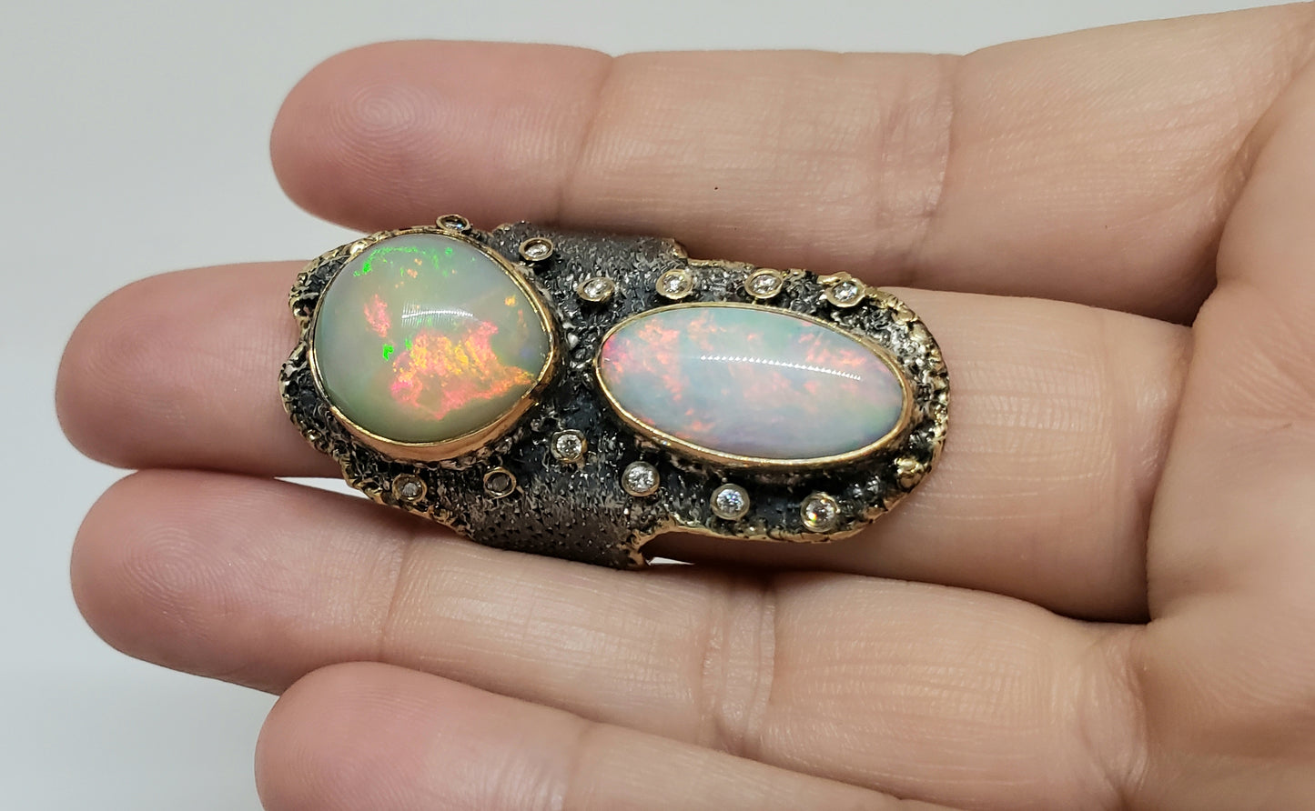 Opal & Diamond Ring Silver & 14k Gold