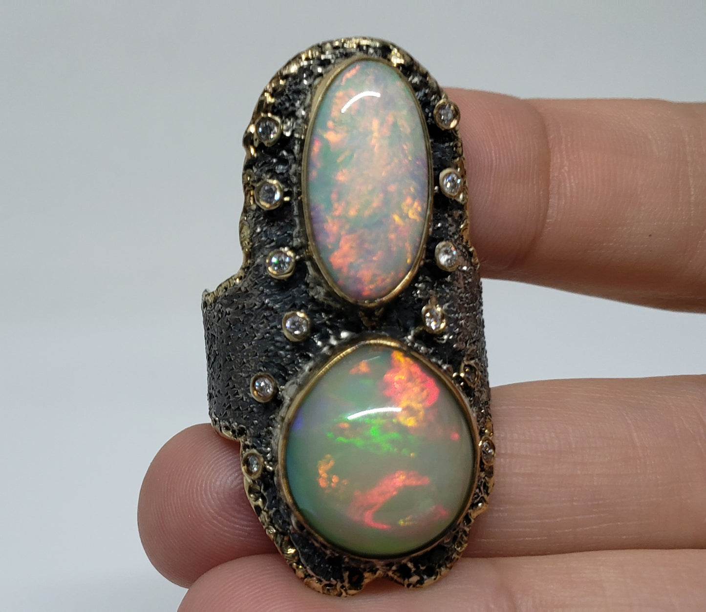 Opal & Diamond Ring Silver & 14k Gold