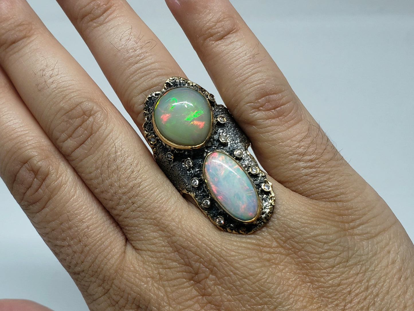Opal & Diamond Ring Silver & 14k Gold
