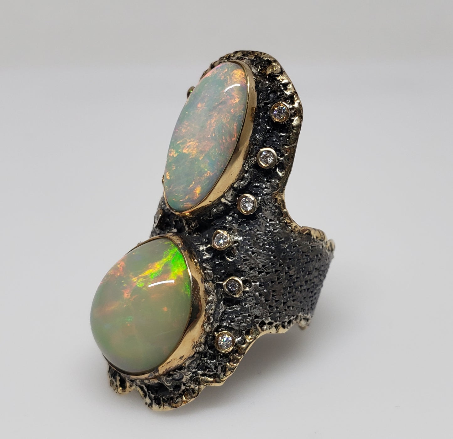 Opal & Diamond Ring Silver & 14k Gold