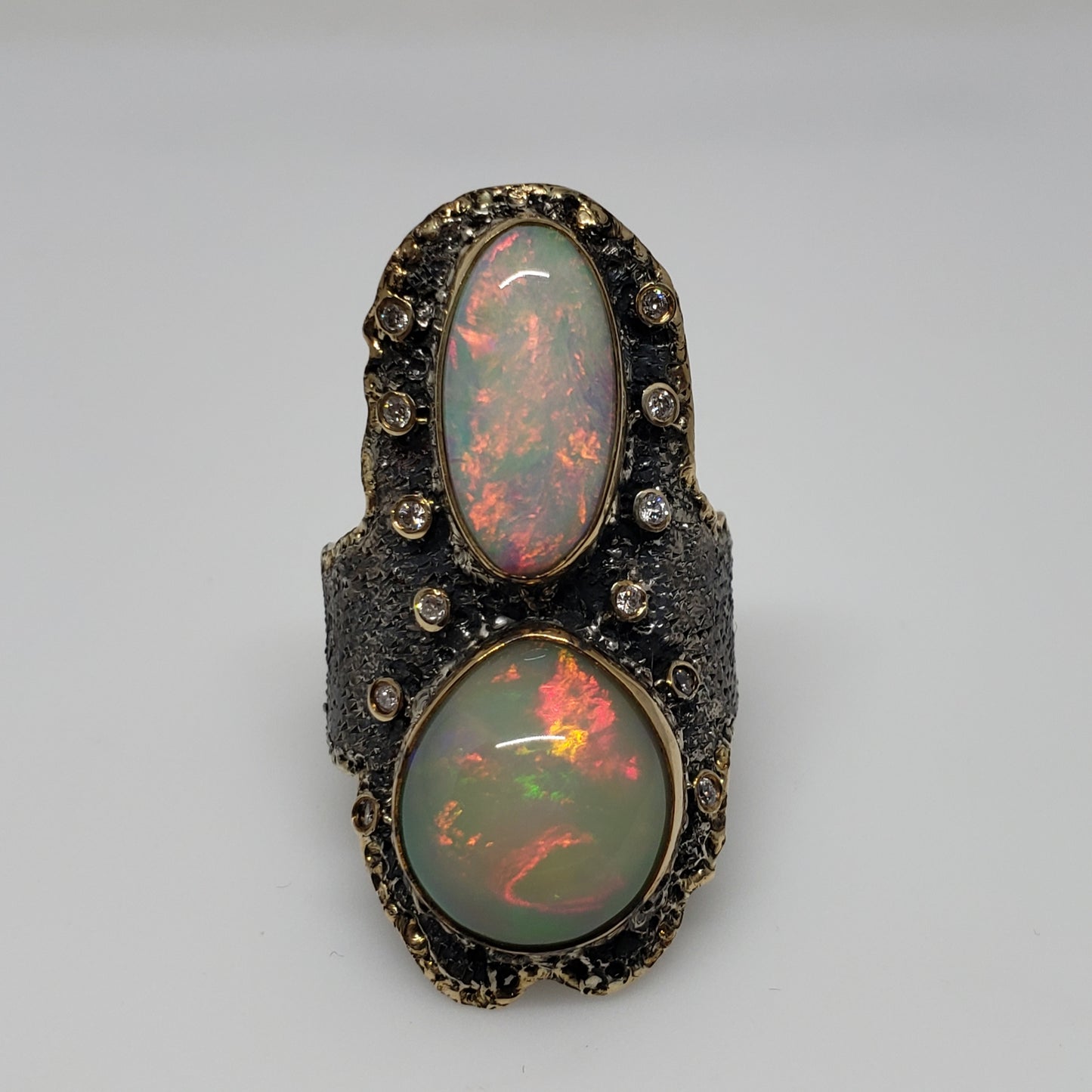 Opal & Diamond Ring Silver & 14k Gold