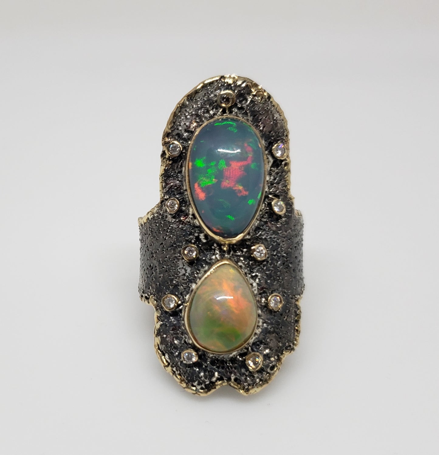 Opal & Diamond Ring Silver & 14k Gold