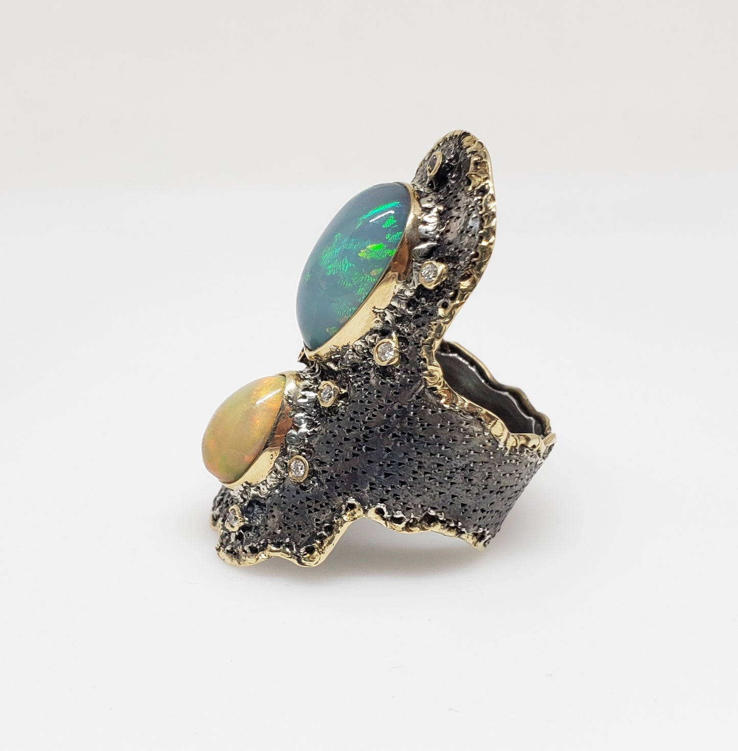 Opal & Diamond Ring Silver & 14k Gold