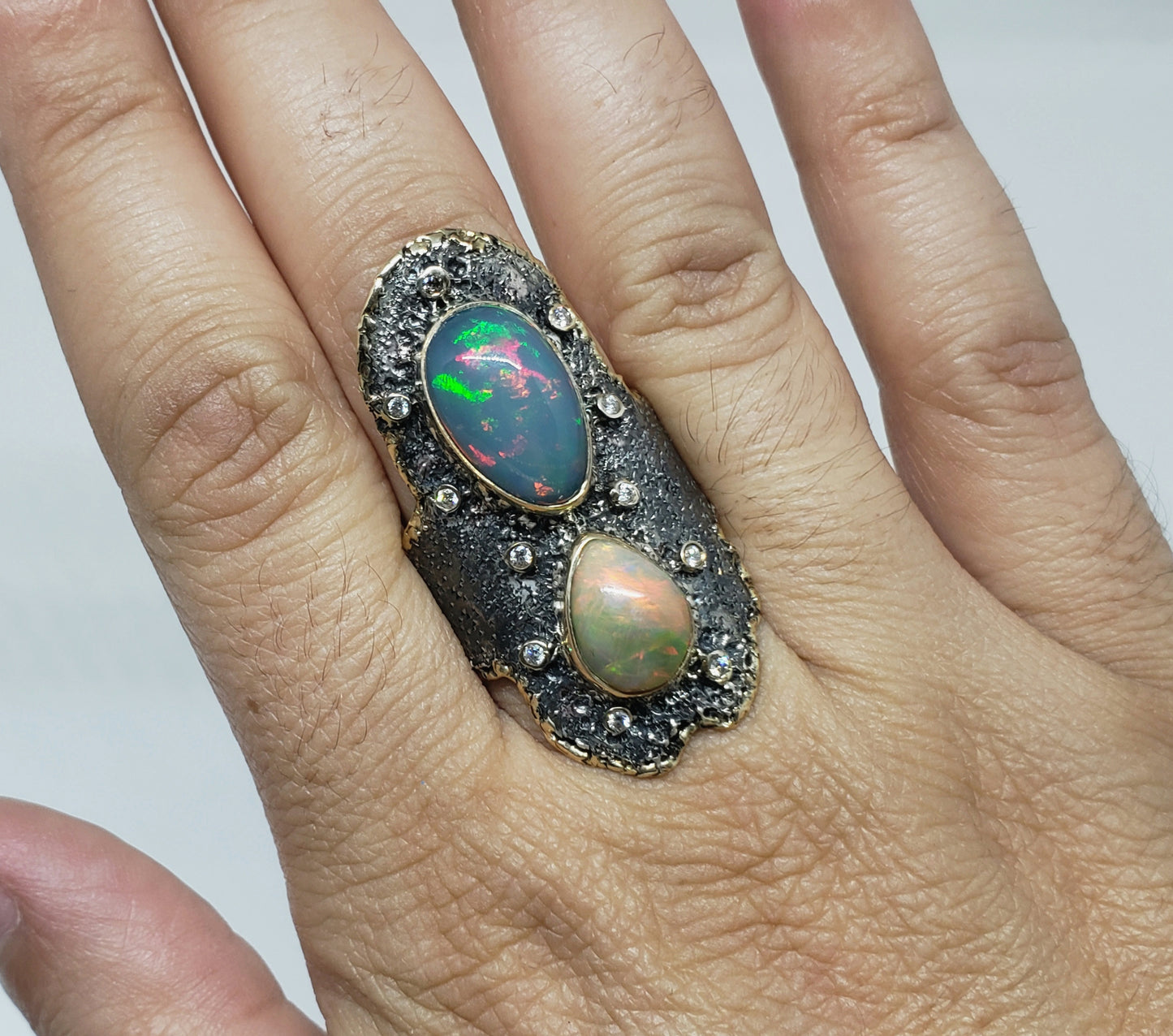 Opal & Diamond Ring Silver & 14k Gold