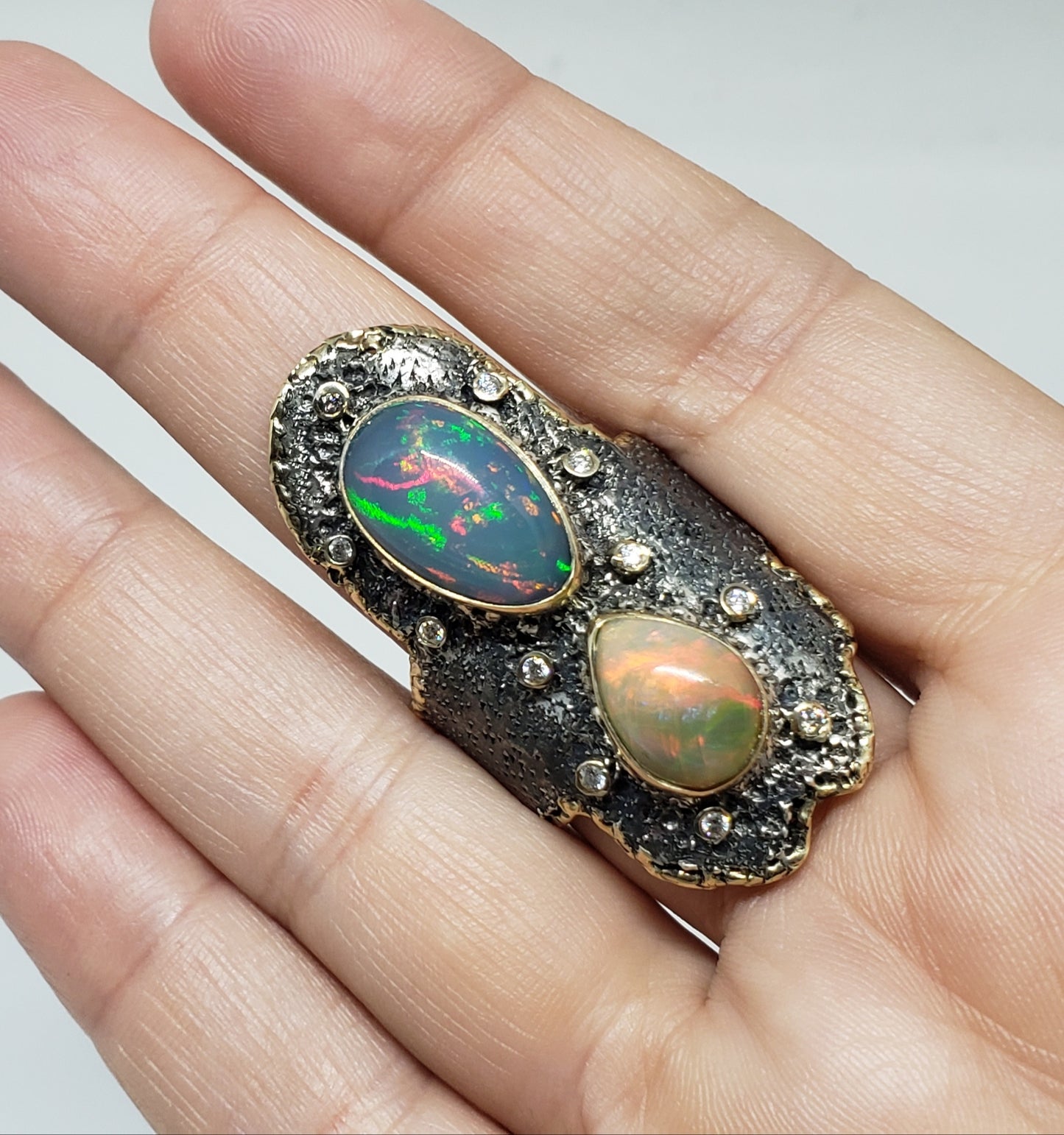 Opal & Diamond Ring Silver & 14k Gold