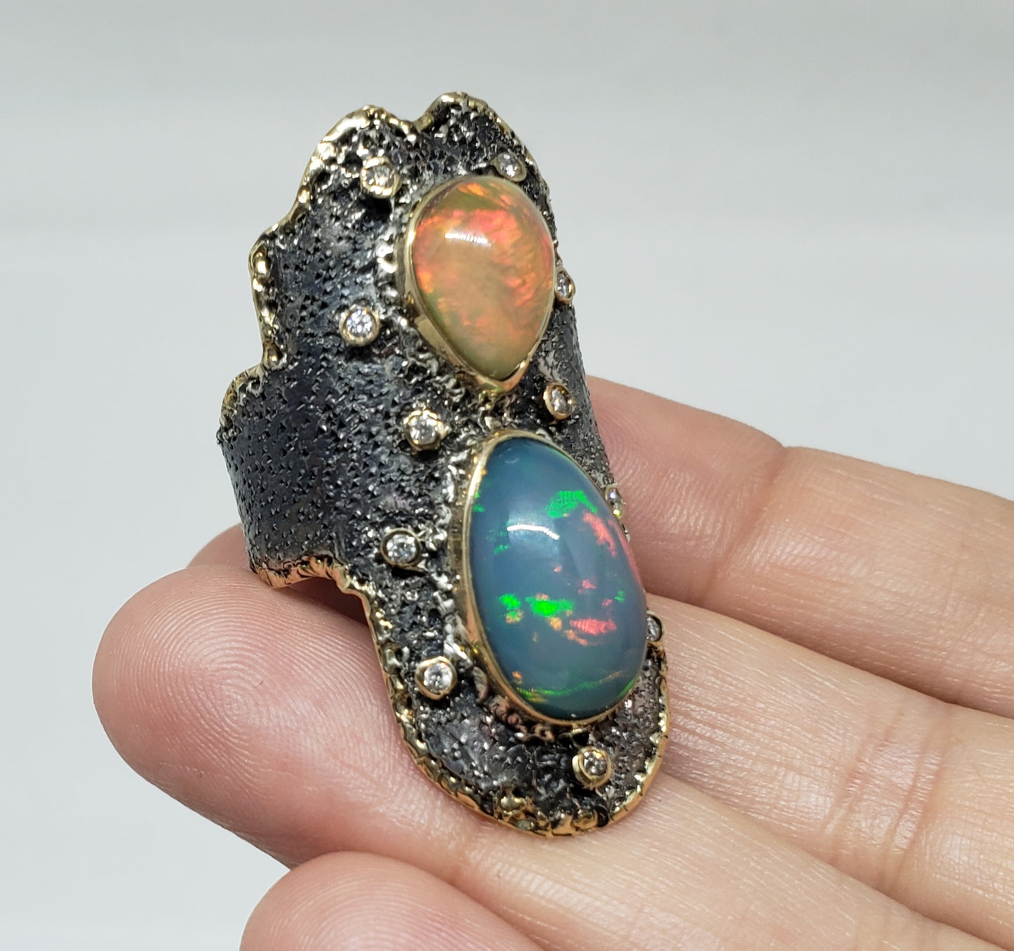 Opal & Diamond Ring Silver & 14k Gold