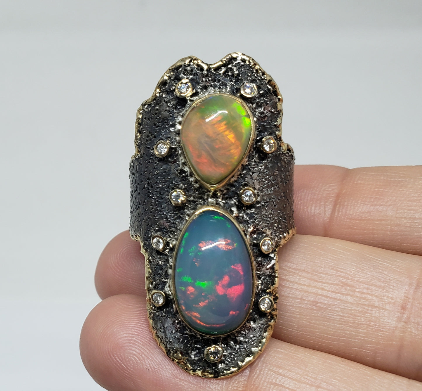 Opal & Diamond Ring Silver & 14k Gold