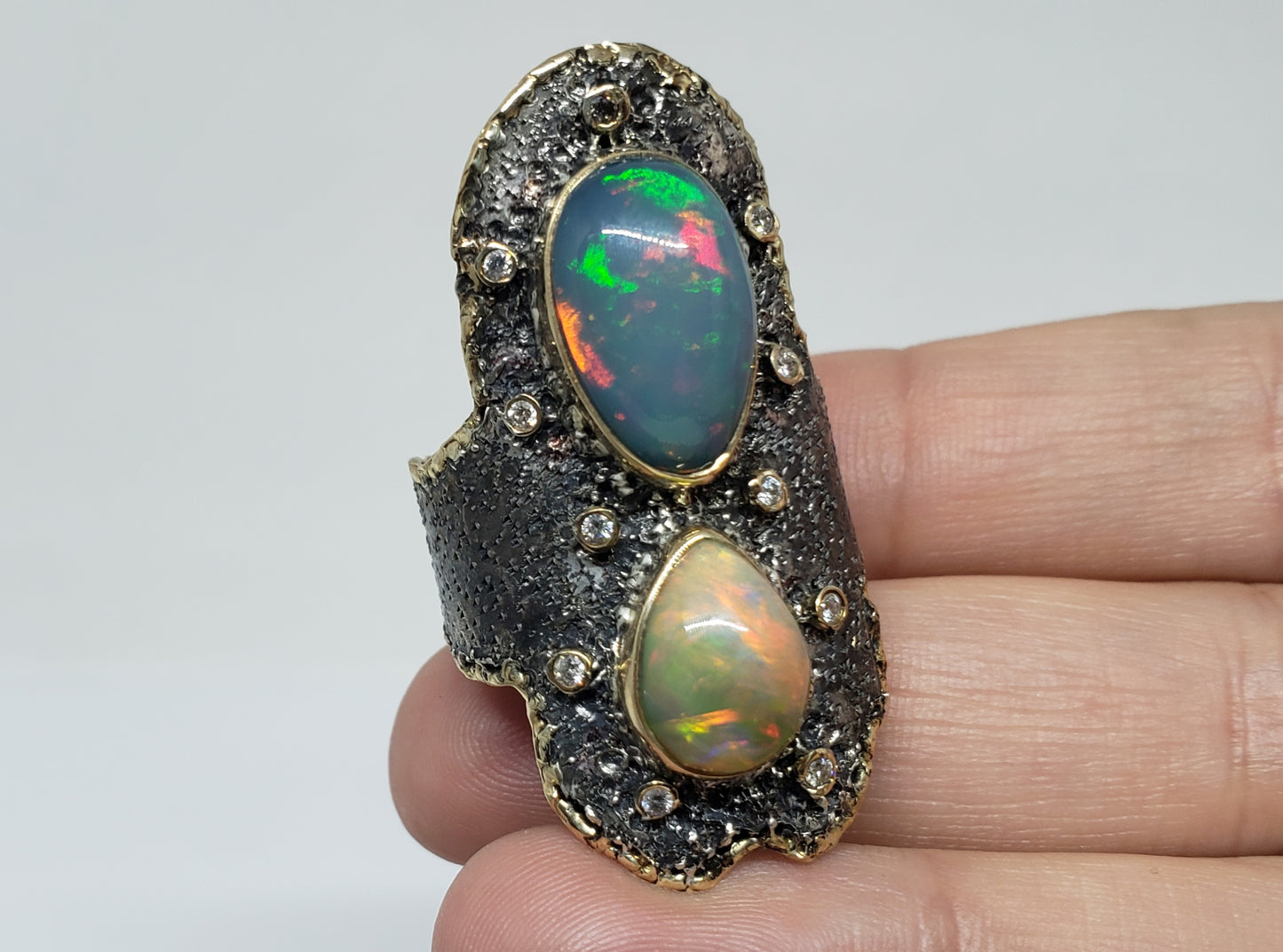 Opal & Diamond Ring Silver & 14k Gold