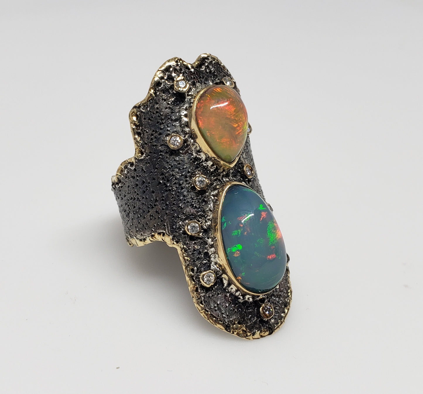 Opal & Diamond Ring Silver & 14k Gold