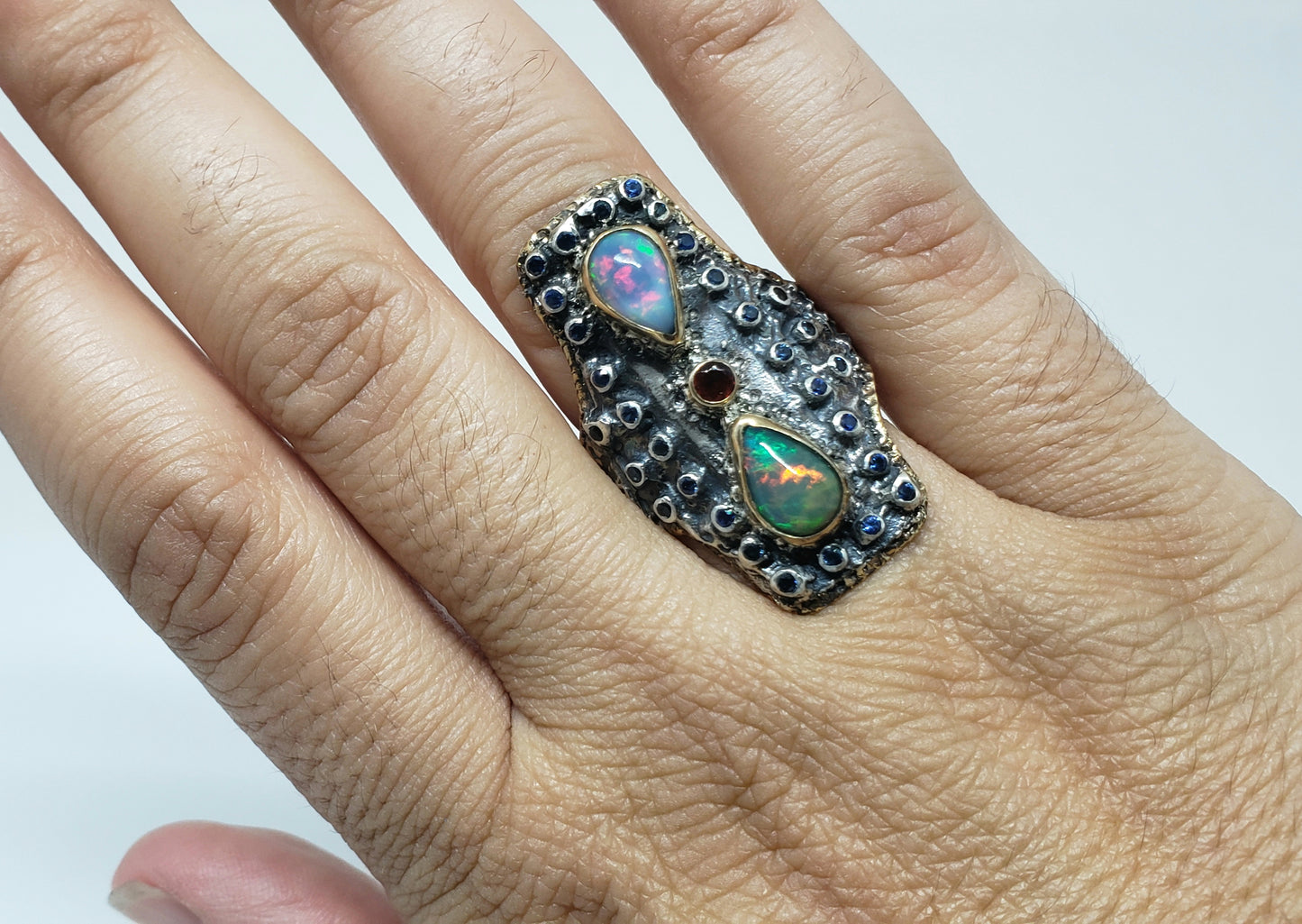 Opal & Sapphire Ring Silver & 14k Gold