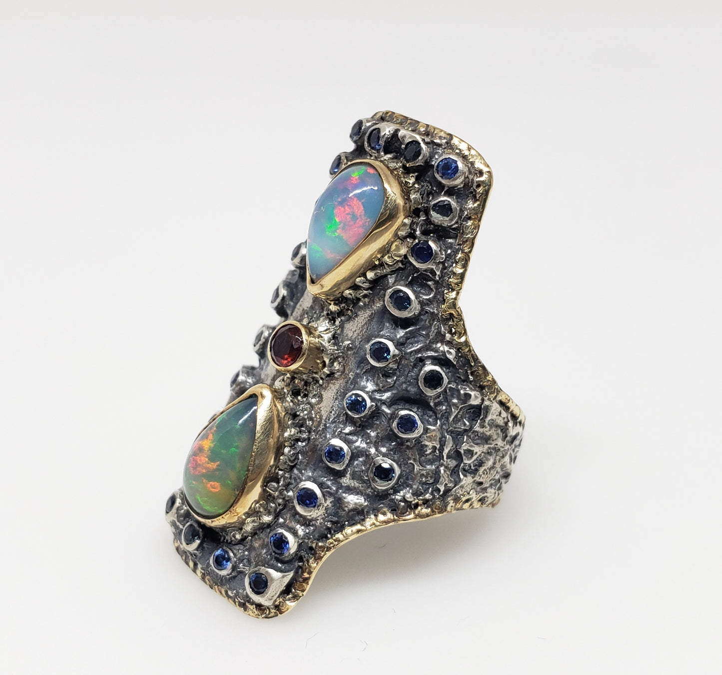 Opal & Sapphire Ring Silver & 14k Gold