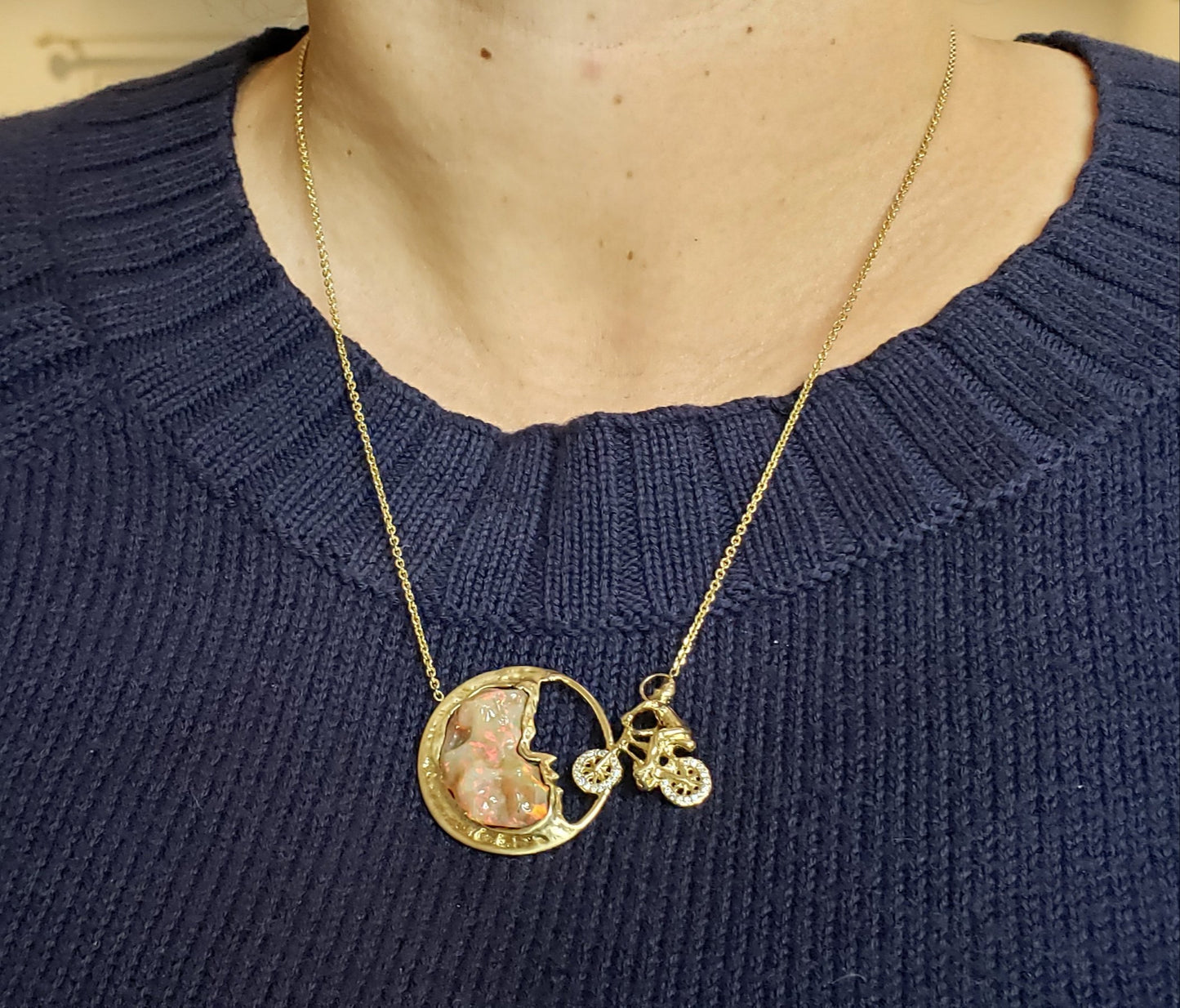 Moon Biker 14k Gold Carved Opal Pendant