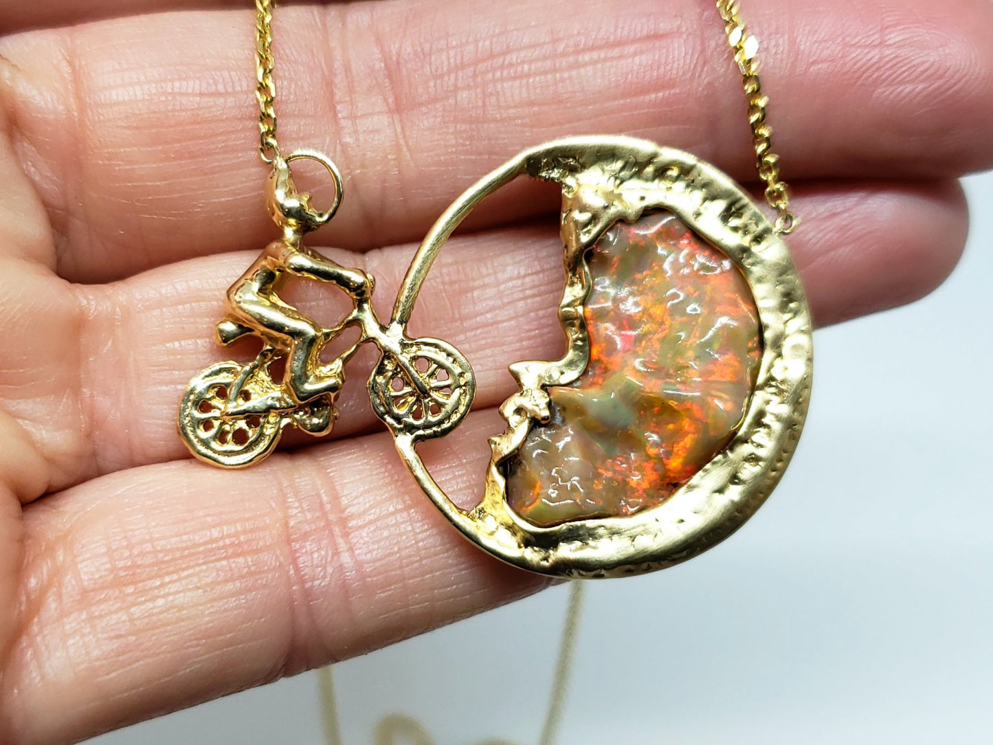 Moon Biker 14k Gold Carved Opal Pendant