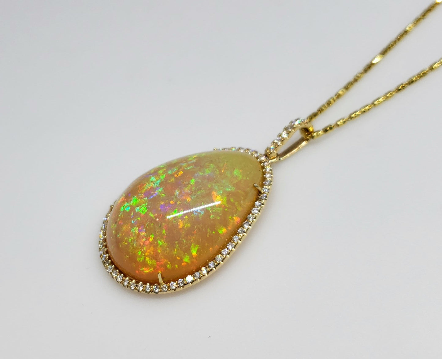 Large Natural Opal & Diamond Pendant 14k Gold