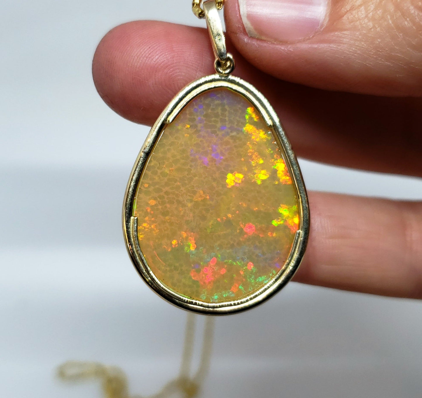Large Natural Opal & Diamond Pendant 14k Gold