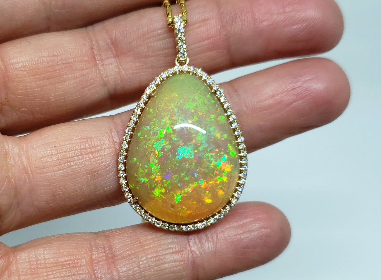 Large Natural Opal & Diamond Pendant 14k Gold