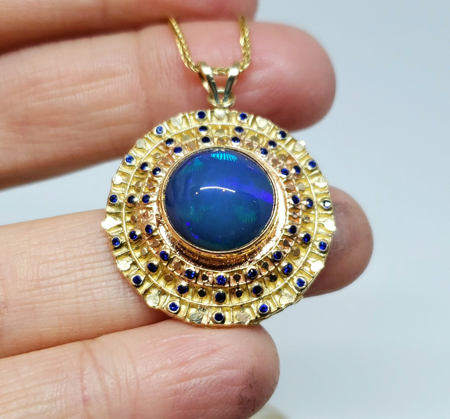 Blue Opal & Sapphire Pendant 14k Gold