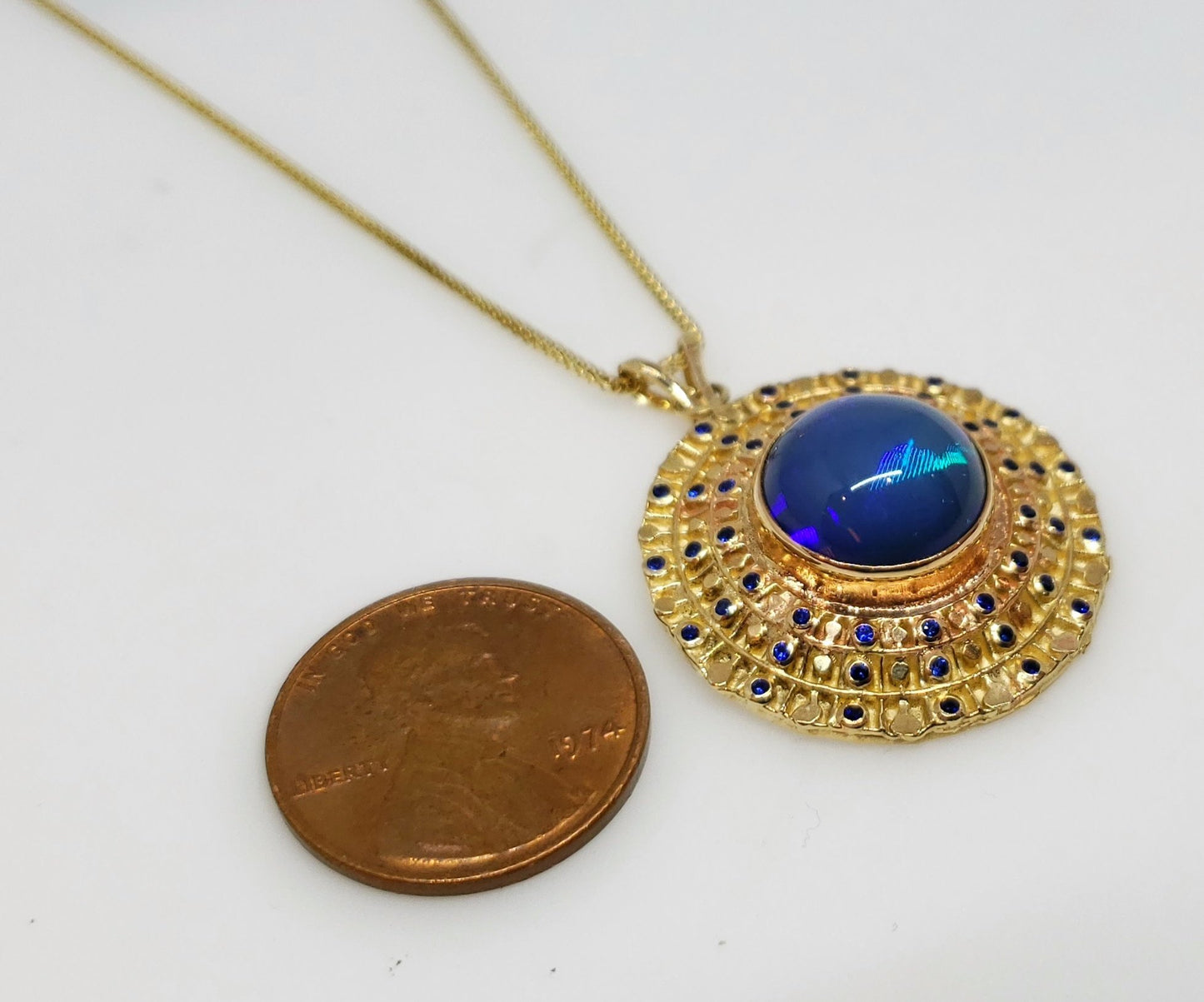 Blue Opal & Sapphire Pendant 14k Gold