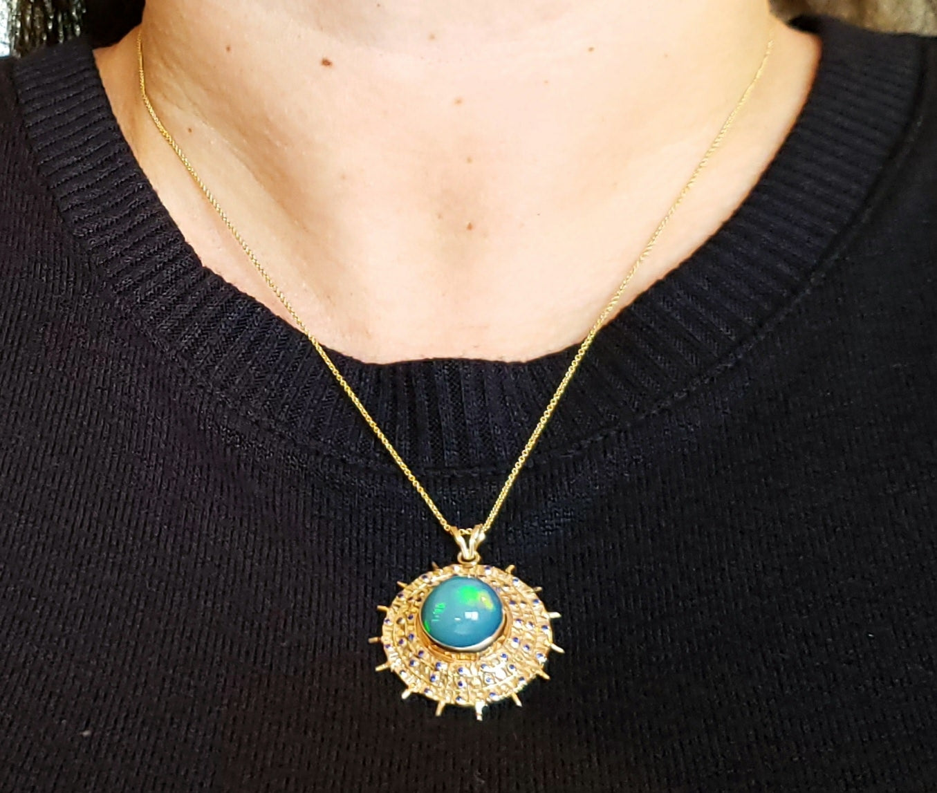 Blue Opal & Sapphire Pendant 14k Gold #106